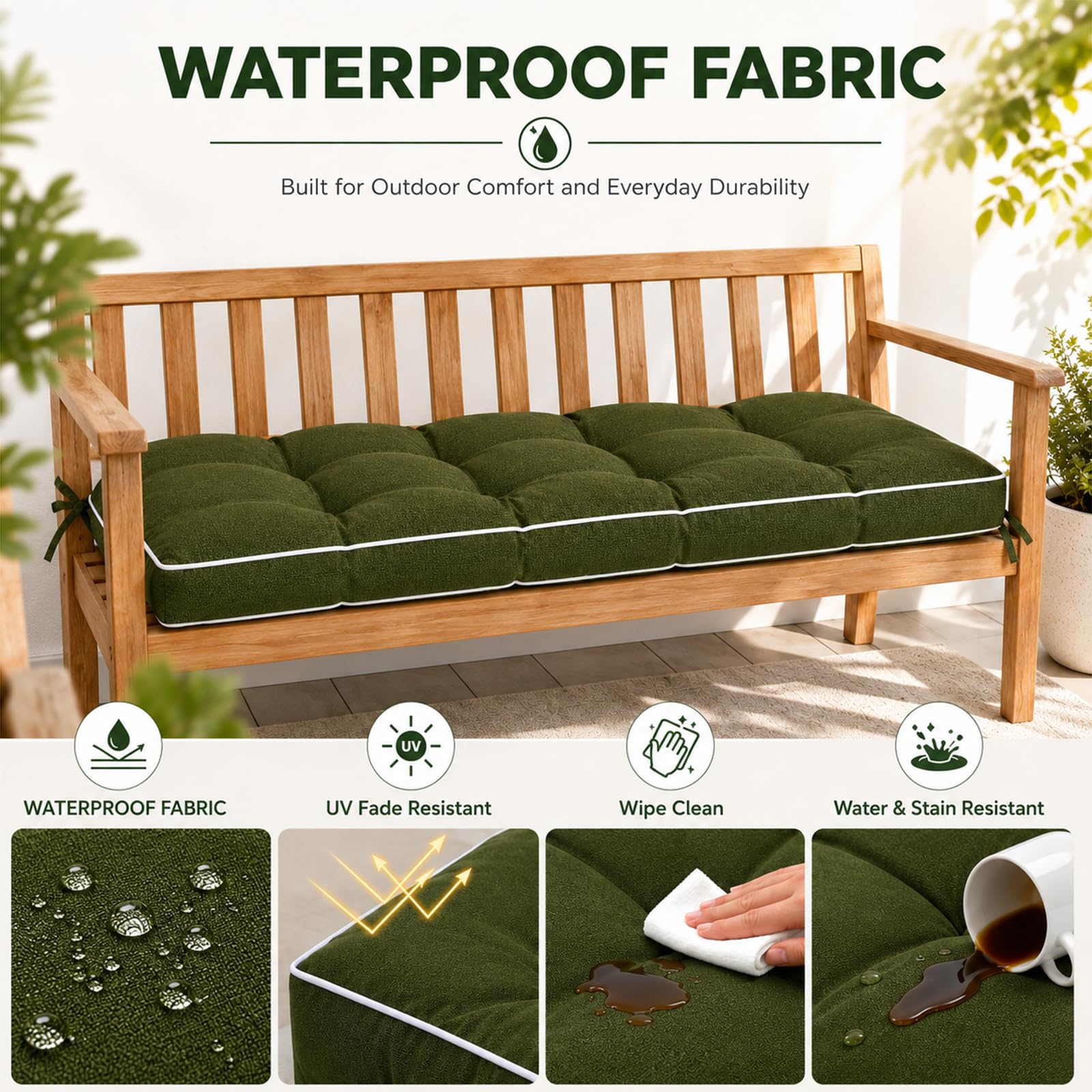 Cuscino Panca 8cm, Cuscino per panchina da Esterno Impermeabile. Imbottitura in Cotone PP, 2 Cinghie, Ideale per Giardino. Sottovuoto di qualità Premium.,Verde,100x30x8cm