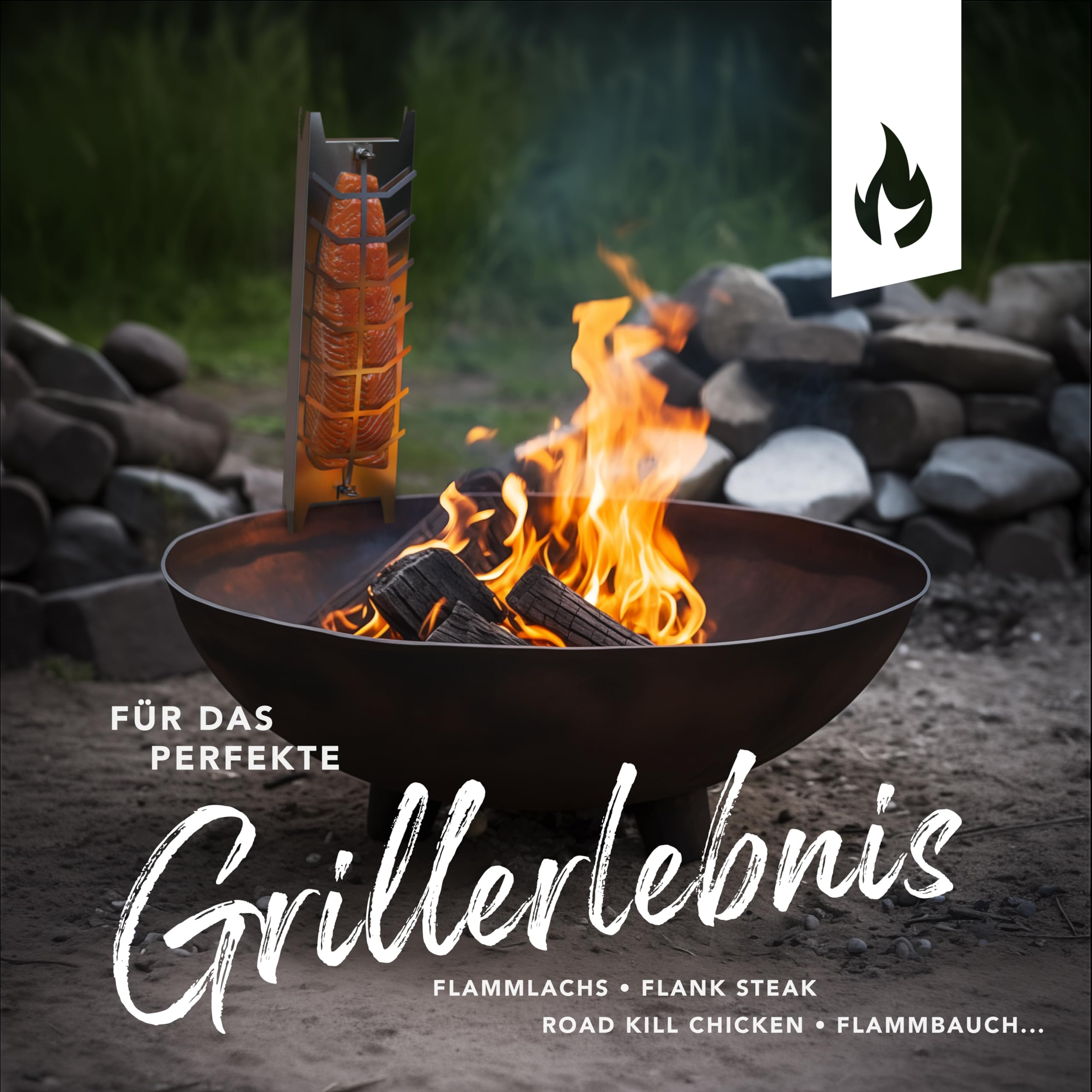 Flammlachsbrett Edelstahl 59,5cm | Extra langer Flammlachshalter passend für Feuerschalen und Grills mit Wandstärke bis 6mm, 180° drehbar | Spülmaschinenfest | Inklusive Anleitung & Rezepten (1er Set)