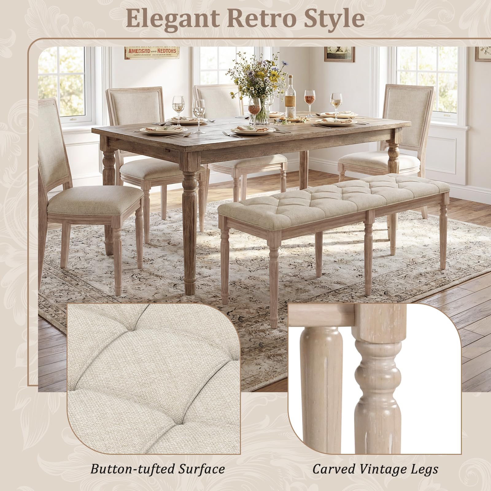 Giantex 47.5-inches Upholstered Dining Bench, Button-Tufted Table Bench with Carved Rubber Wood Legs, Padded Seat, Load 440Lbs, Vintage End of Bed Ottoman for Entryway, Living Room, Bedroom (1,Beige)