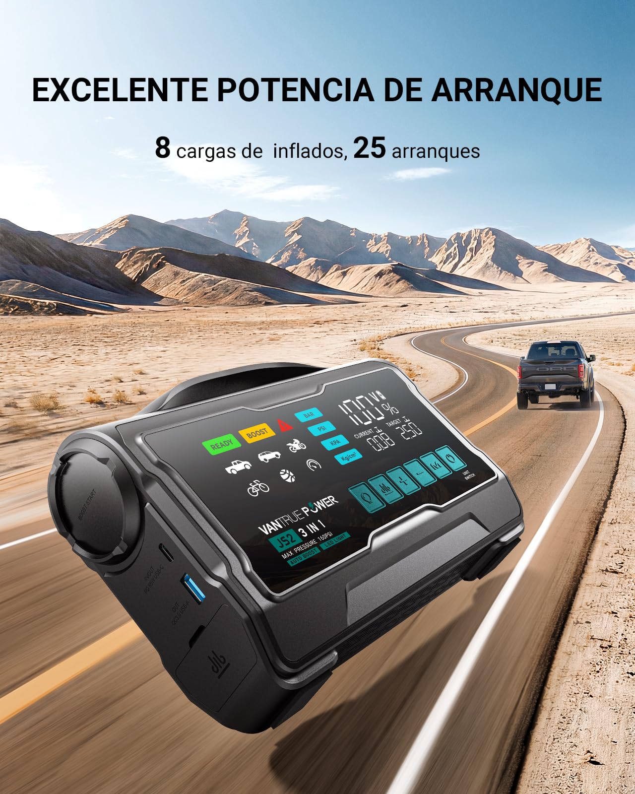 JS2 Arrancador, 16000mAh, 160 PSI Compresor, 65W, 59,2Wh Inflador con compart. boquillas y máx. Velocidad de inflado, indicador LED –para Gasolina 8L/diésel 7L, Incl. LED y Cables