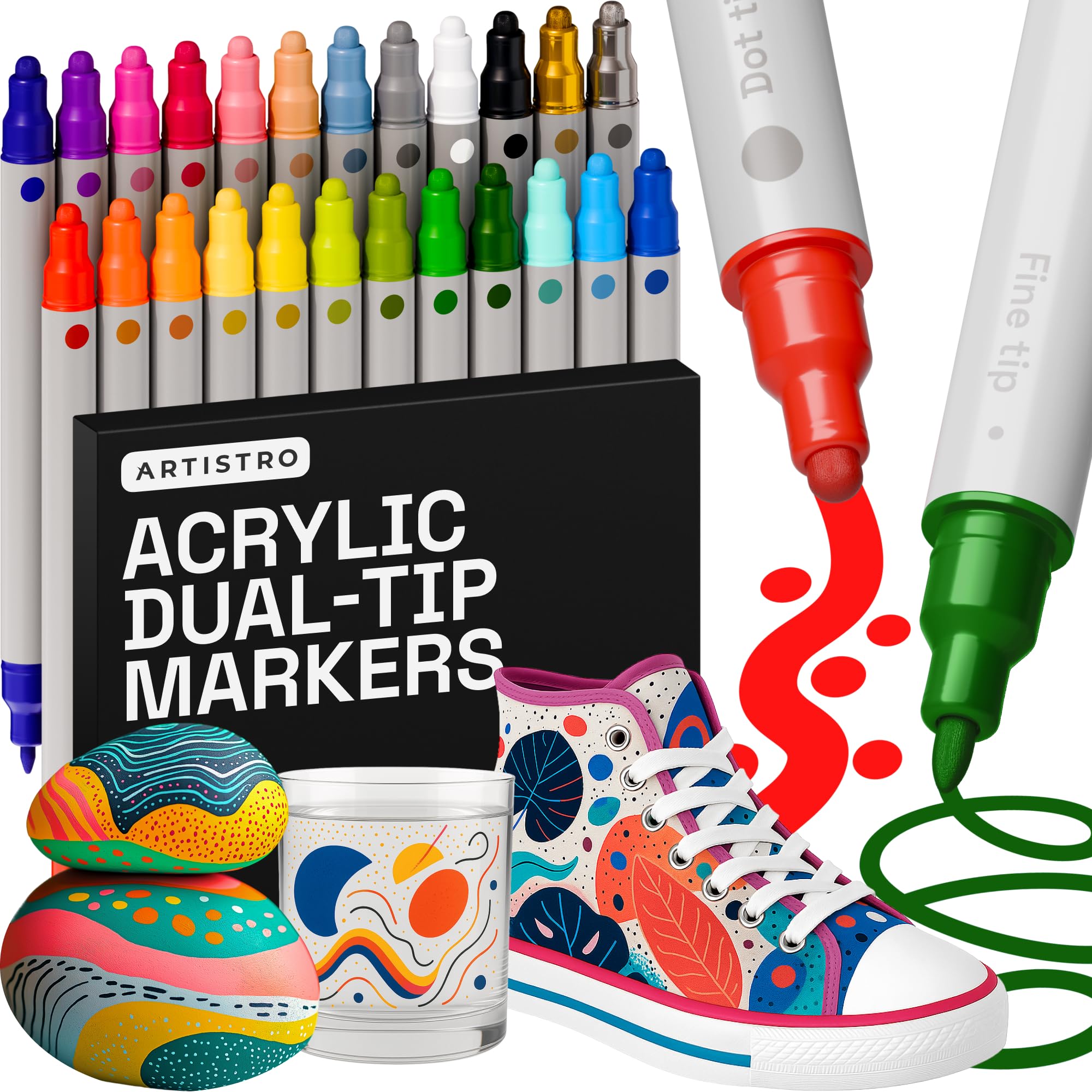 ARTISTRO 24 Acrylic Paint Markers for Rock, Fabric, Wood, Glass, Craft, Decoration - Dual-Tip Paint Pens - Stocking Stuffers, Christmas Gift Idea for Teens, Grandkids, Kids - Art Supplies