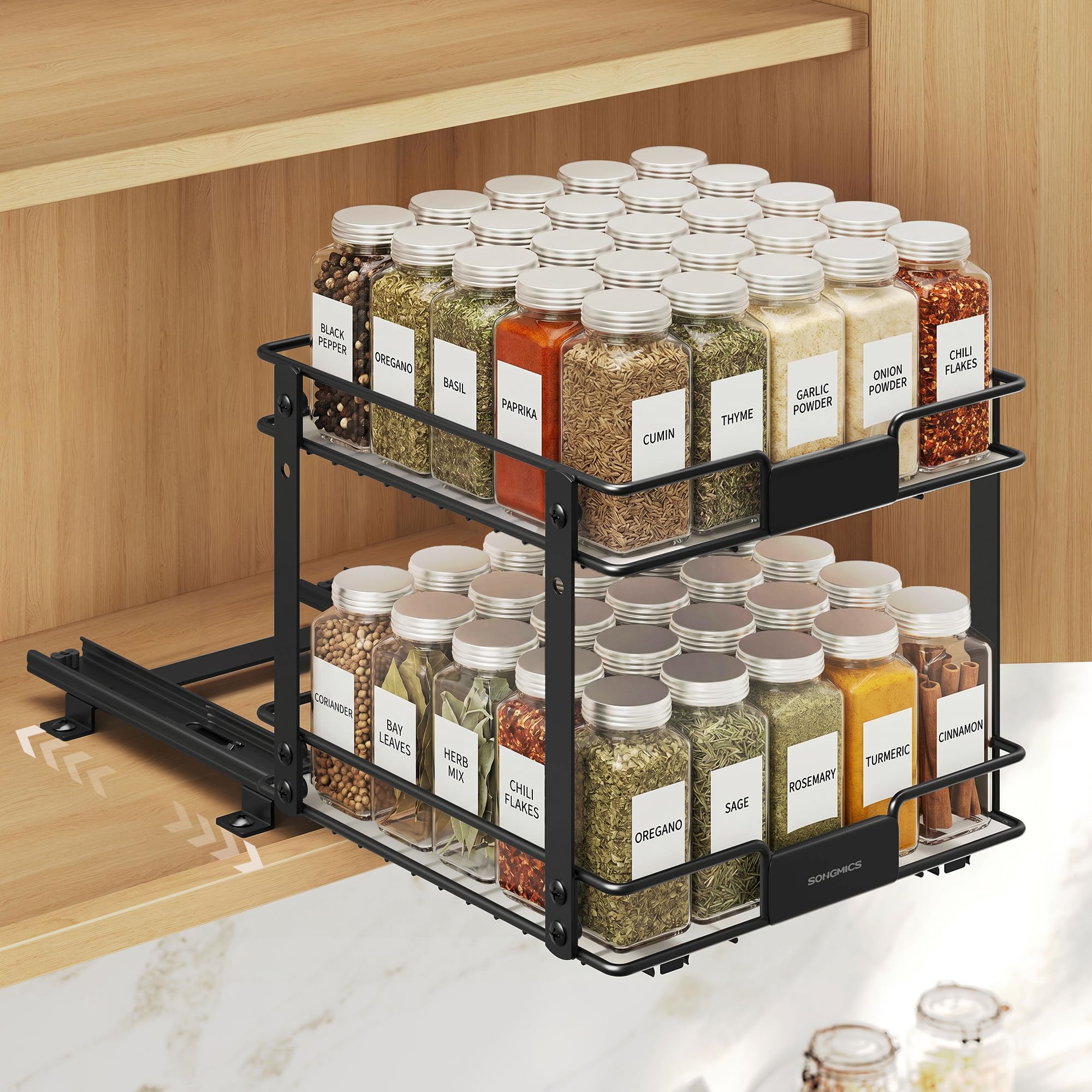 SONGMICS Pull-Out Spice Rack, Adjustable Steel 2-Tier Cupboard Organiser, Kitchen Storage Shelf Insert, 27 x 25.2 x 23.8 cm, Black, for Inside Cupboard, Patalla Collection KCS119B101