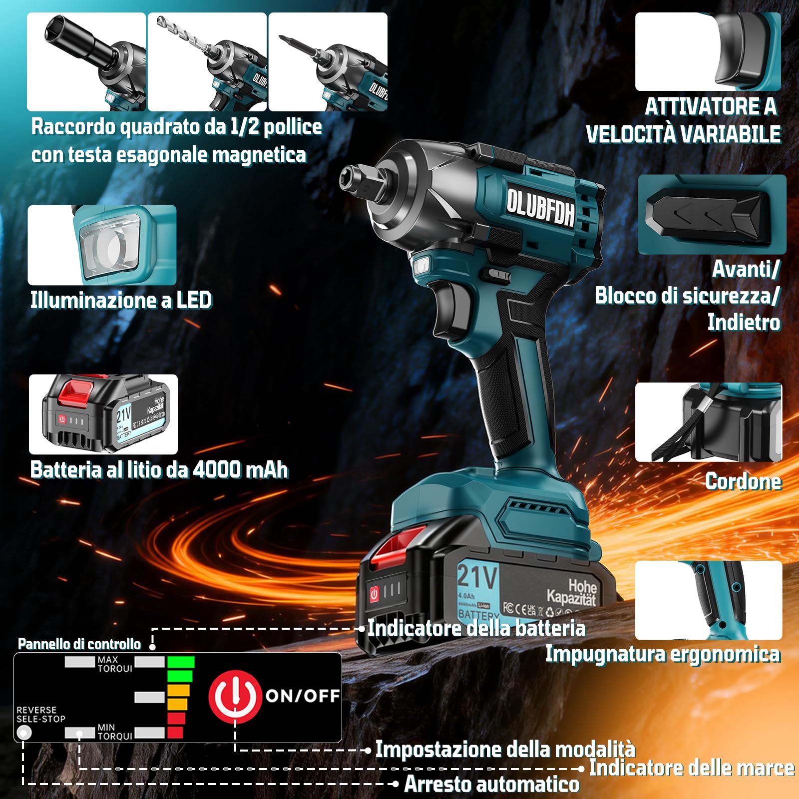 Avvitatore a Impulsi Brushless, 500 Nm Avvitatore a Impulsi a Batteria, 1/2" Trapano a Impulsi Brushless, 3-in-1, con Batterie da 4,0 Ah e Caricabatterie, 6 Bussole