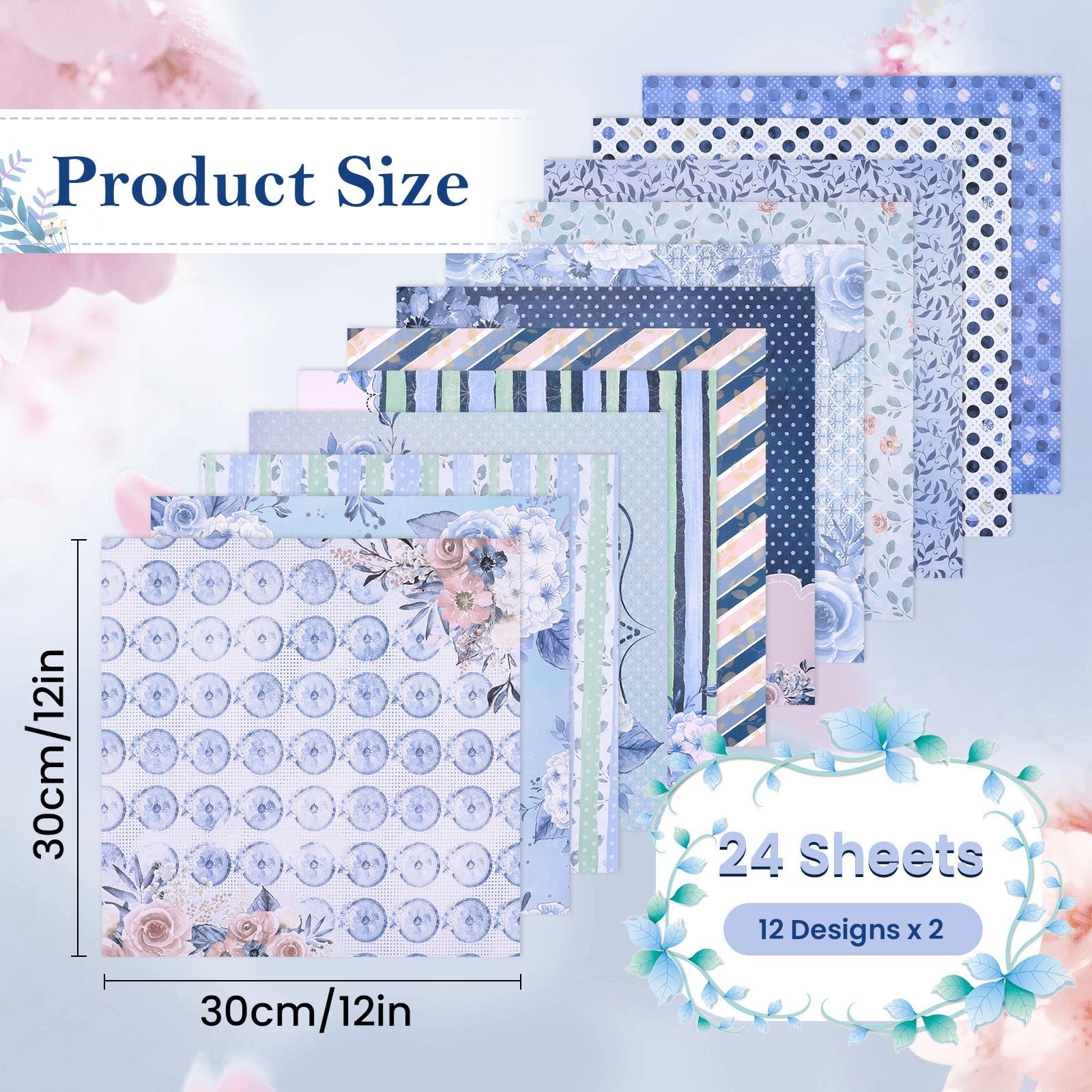 24 Blatt Blaues Blumenmuster-Papier 30,5x30,5 Cm – Doppelseitig Bedruckt – Für Scrapbooking & Karten