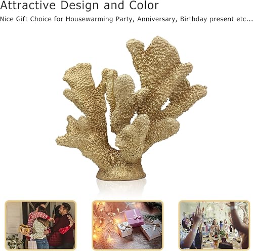 Miniatura 2 de Decoración de coral dorado artificial, resina de arrecife de coral, decoración náutica de mesa, decoración del hogar y sala de estar (7.8 pulgadas
