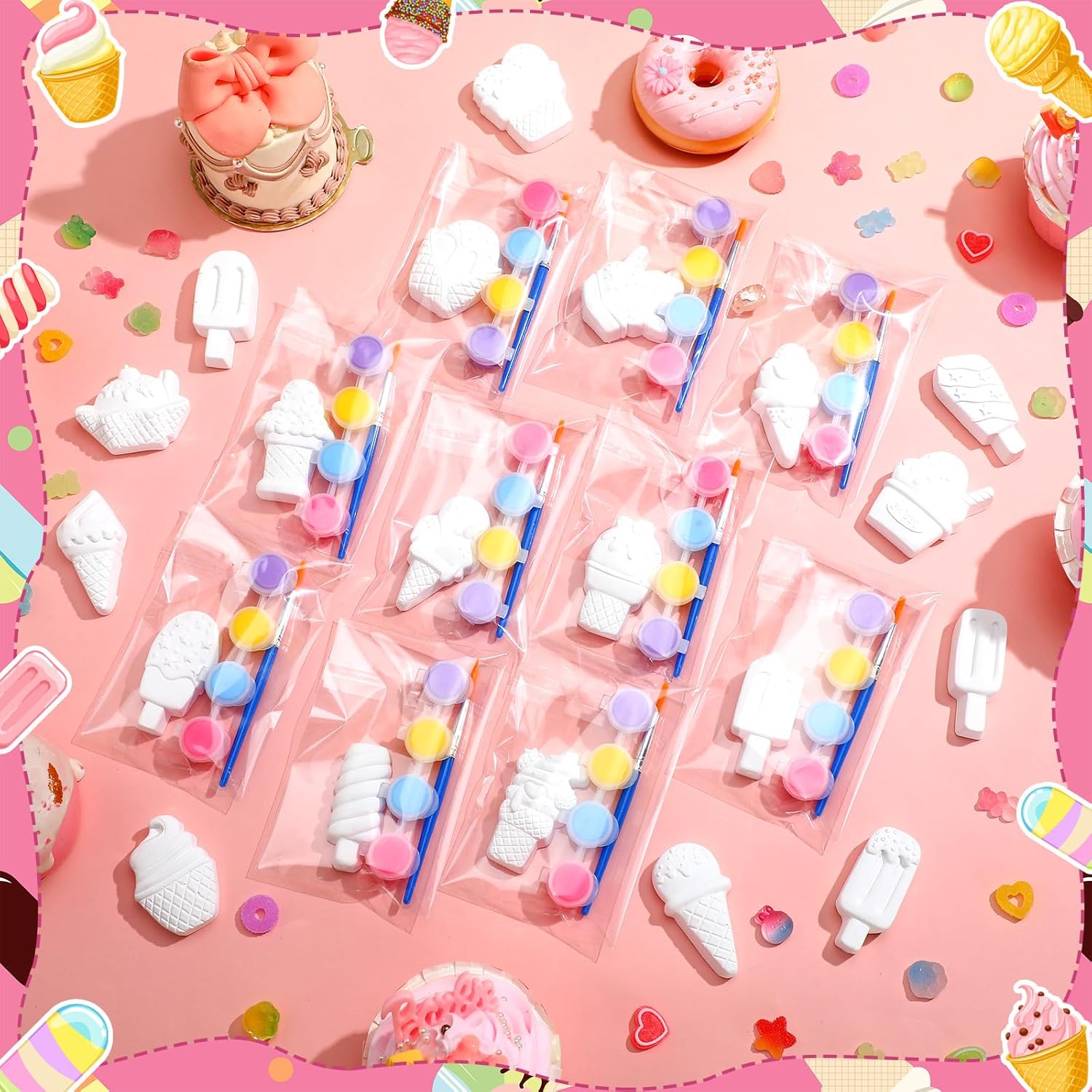 JellyArch 20 Set Ice Cream DIY Painting Kit Ceramic to Paint Your Own Ice Cream Statues Unpainted Plaster Figurines Brushes Acrylic Paints Bags Party Favor for Adults