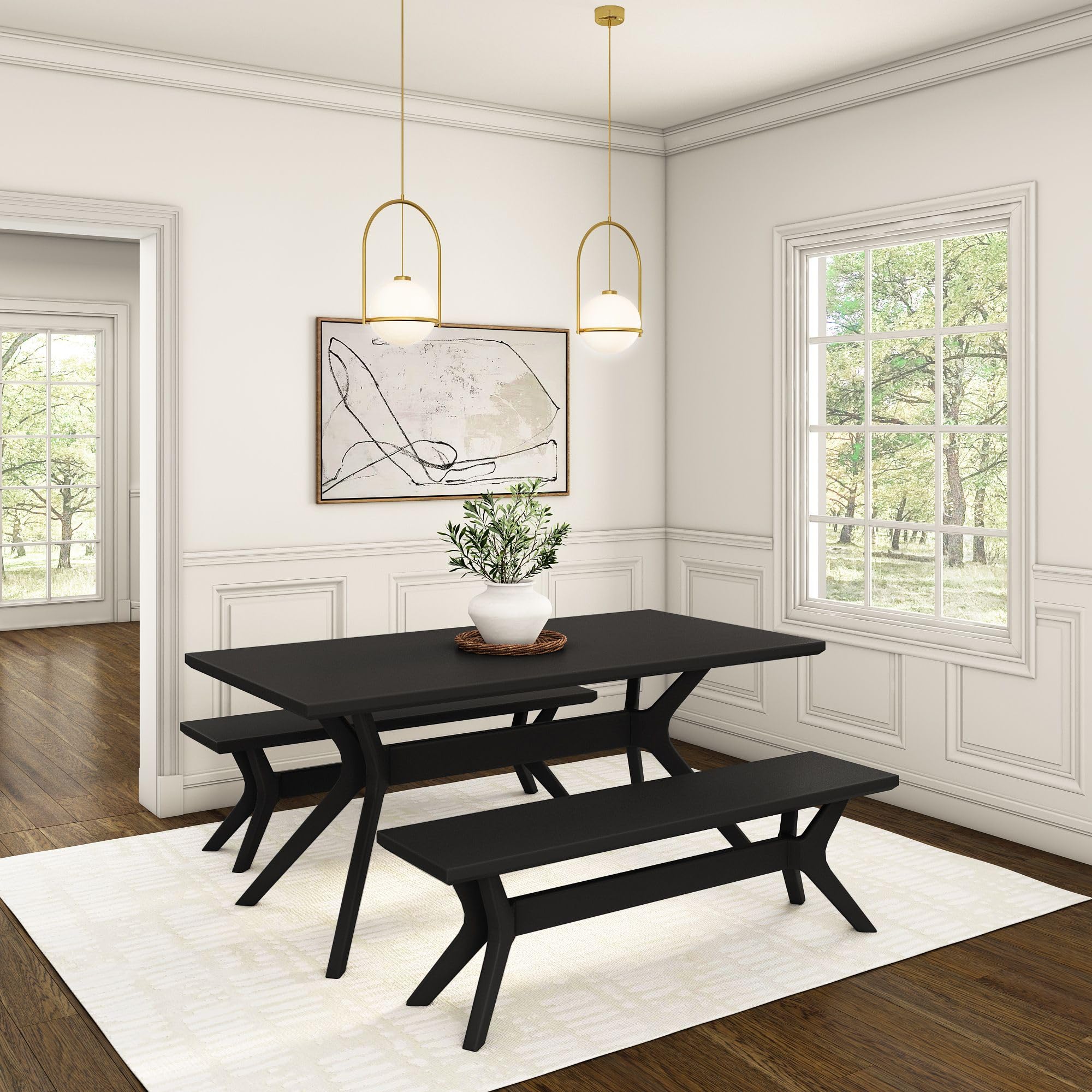 Plank+Beam Verso Dining Bench, 60 Inch, Black | Scandinavian Design Meets Boho Charm, Distinctive Cross-Leg Base, Hassle-Free Setup, Easy Assembly, Solid Wood