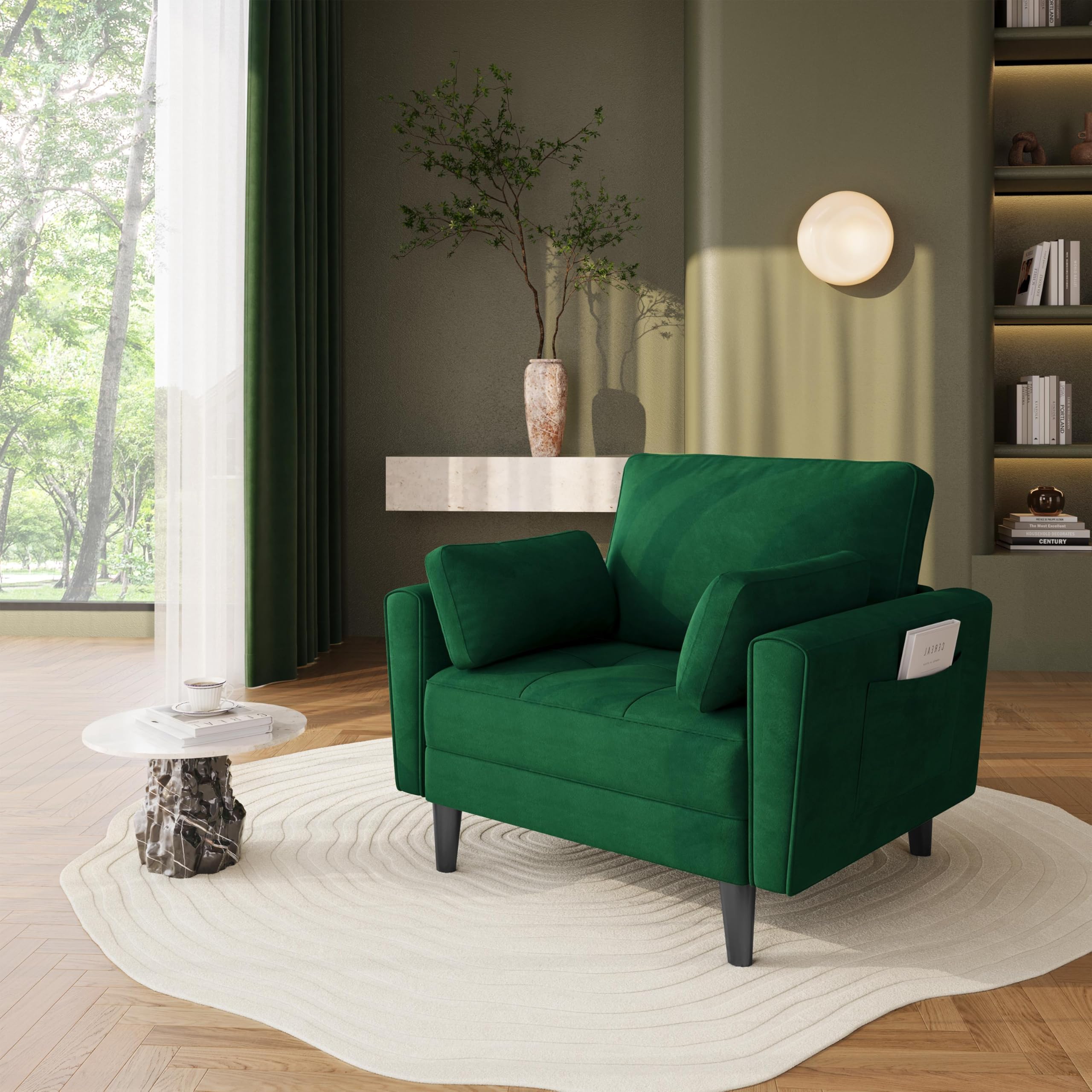 Divano Singolo Imbottito in Velluto con Cuscini Braccioli Divanetto moderno con 2 tasche laterali Struttura in Legno Poltrona a 1 Posto da Soggiorno Salotto Camera da Letto Lettura Verde