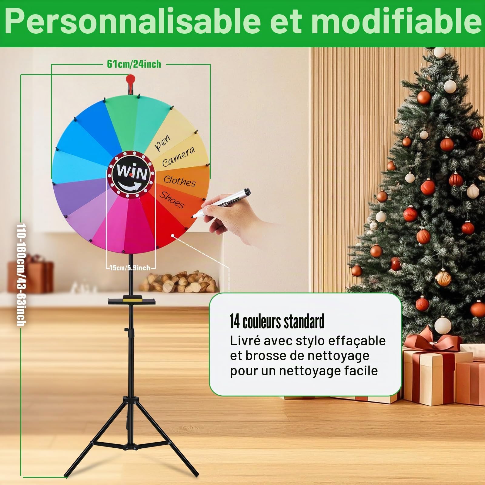 24‘’ Roue de la Fortune avec 14 Couleurs, 24"Roue de la Chance Surface Effaçable Personnalisable Roue Hauteur Réglable 97-155 cm pour Fêtes Carnavals Événements Anniversaires Mariages Noël Nouvel