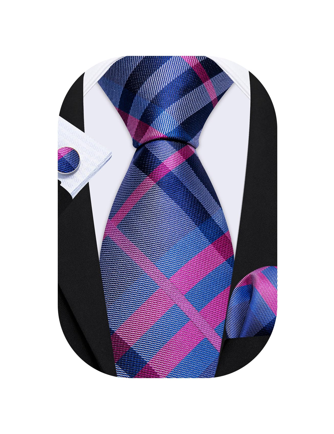 Barry.Wang Plaid Ties Checkered Mens Silk Necktie Handkerchief Cufflinks