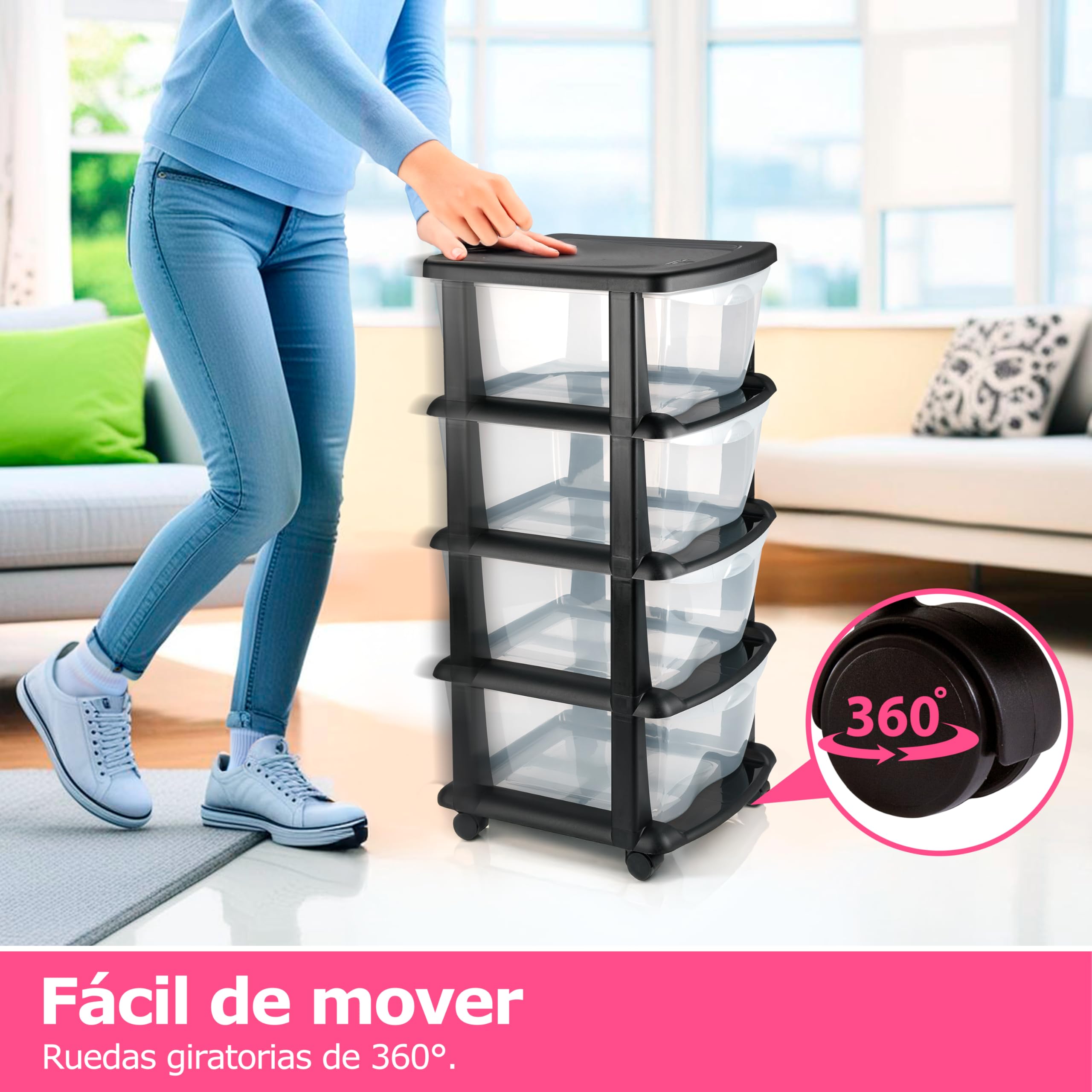 Mueble almacenaje Plastico torre cajonera organizador cajones con ruedas archivador - Escritorio,Oficina, escuela,baño, sala de estar - Hecho en E.U (4 Cajones)
