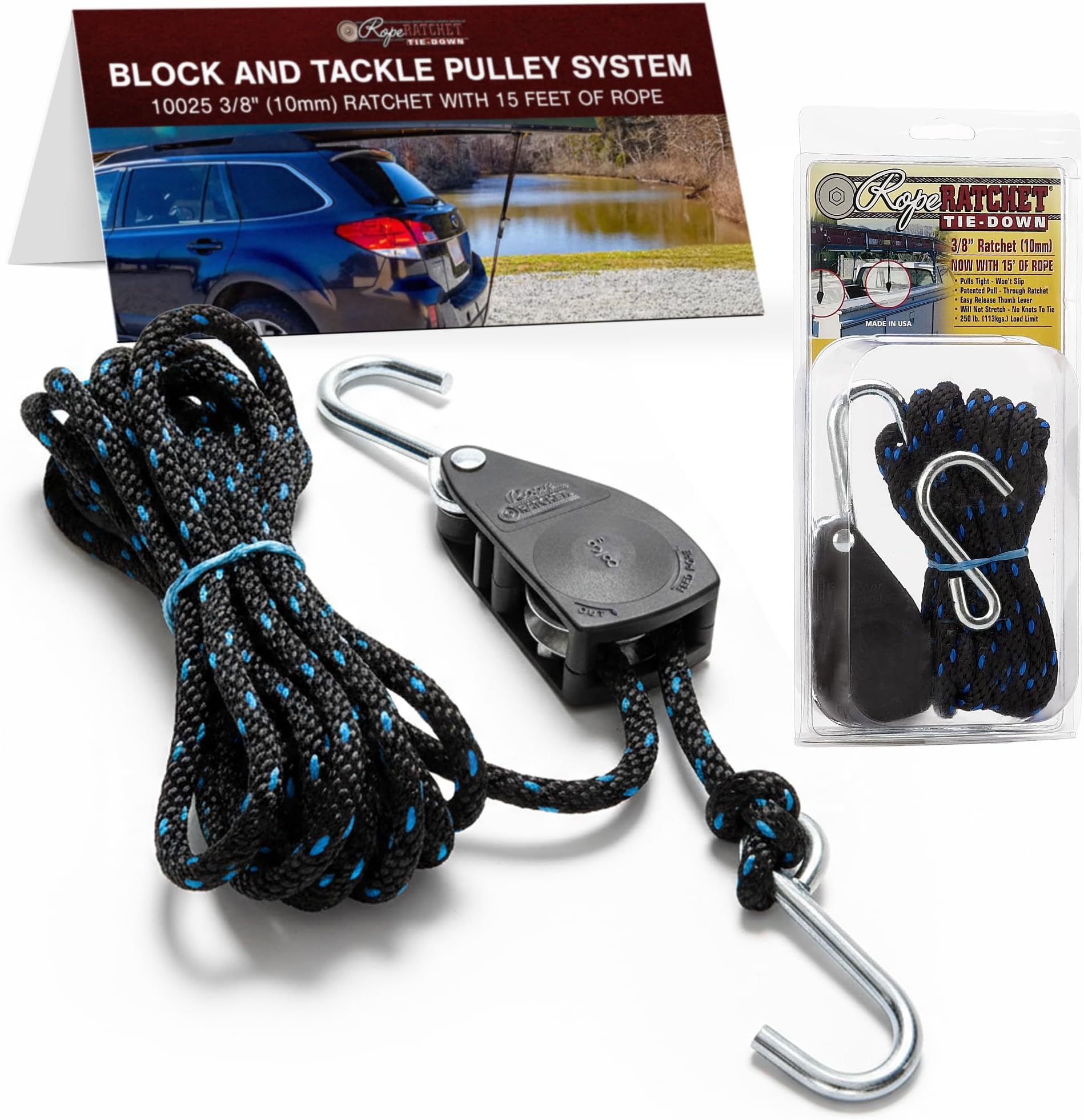 Rope Ratchet 3/8 Block and Tackle Pulley System - 250 lb Capacity Adjustable Hoist for Lifting Gear, Outdoor Utility Rig for Elevating Tensioning Securing Equipment, 15' Braided Polypropylene Rope