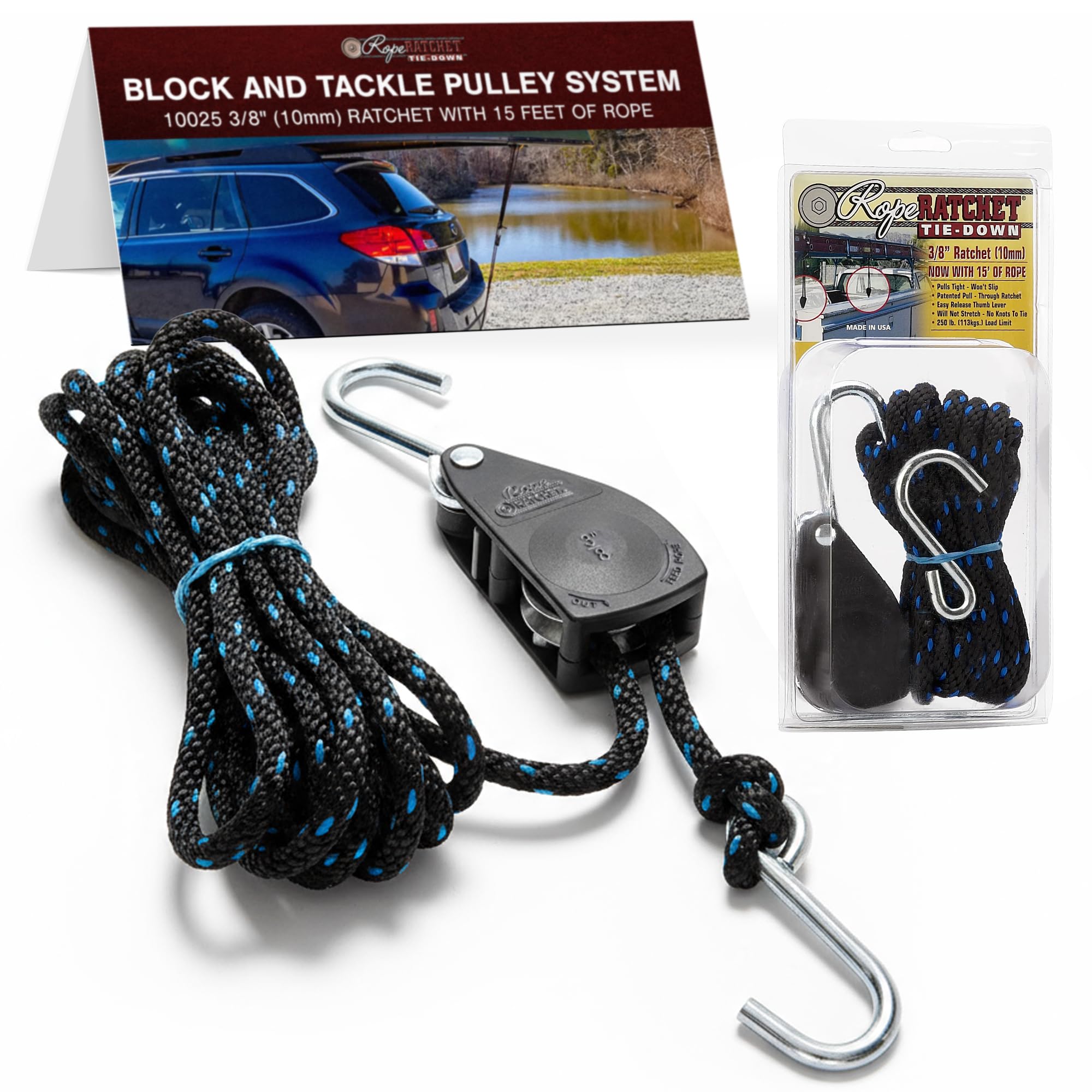 Rope Ratchet 3/8" Tie Down System - Heavy Duty Hoist Pulley with Adjustable Hanger, 15' Braided Polypropylene Rope, Ideal for Kayak, Canoe, Tent, Camping, and Roof Rack Tie Downs, 250 lb Capacity