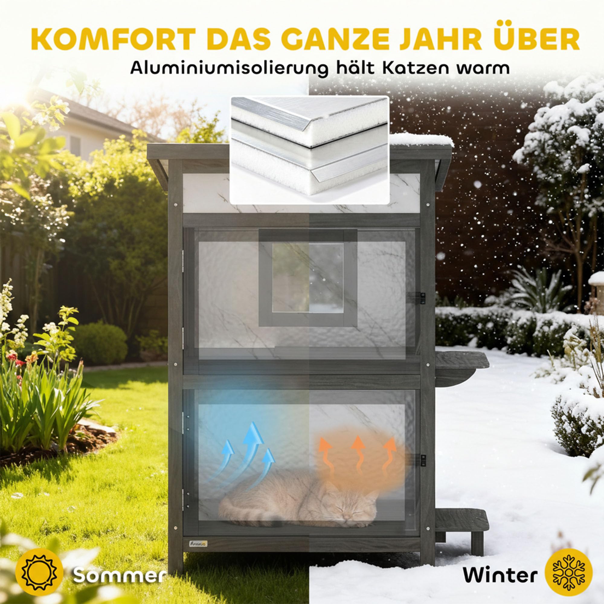 PawHut Katzenhaus aus Holz 2-stöckig Outdoor mit Fenster 60x60x88 cm Weiß | Mehreren Türen, Isolierte Katzenhütte, Wasserabweisendes Dach, Katzenhöhle Katzenbox für Draußen