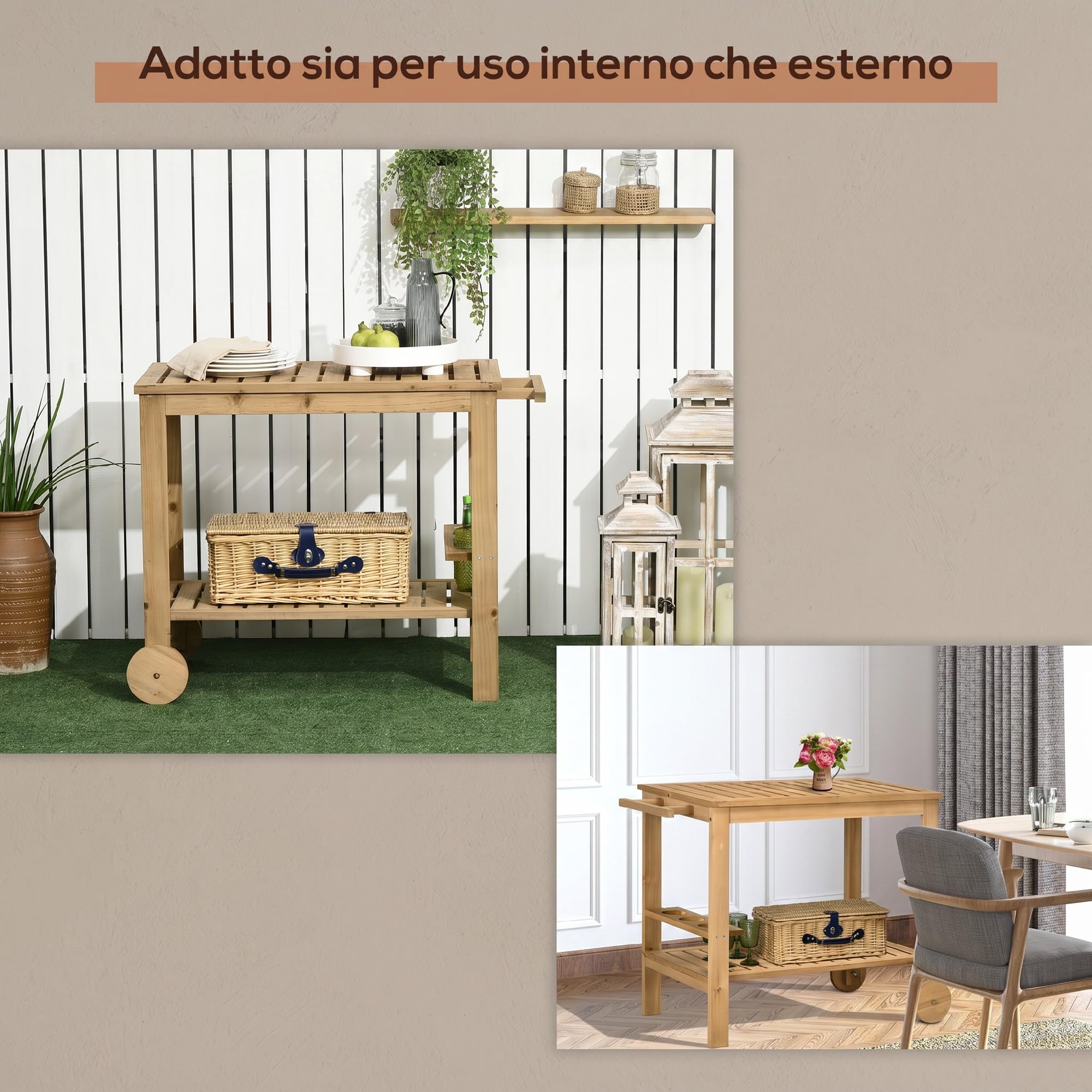 Outsunny Carrello Portavivande da Giardino, Carrellino 95x47x74 cm Legno | Legno di Abete, 2 Ripiani a Doghe, Carrello di Servizio, 3 Portabottiglie e Maniglia, per Patio Terrazza