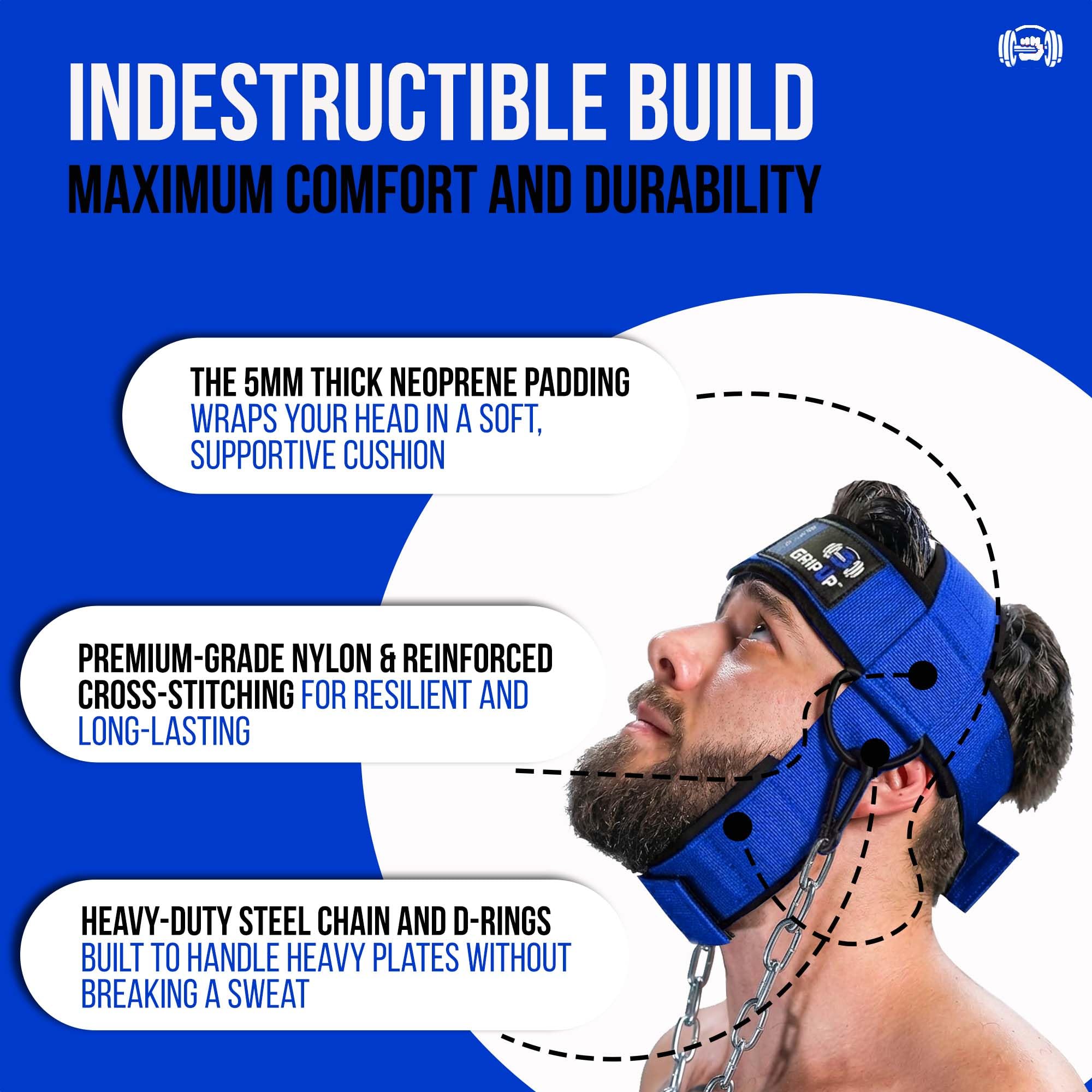 Harnais de cou - Harnais de tête réglable en néoprène avec chaîne en acier et anneaux en D - Musculation, fitness, haltérophilie, MMA - Confort - Musculation