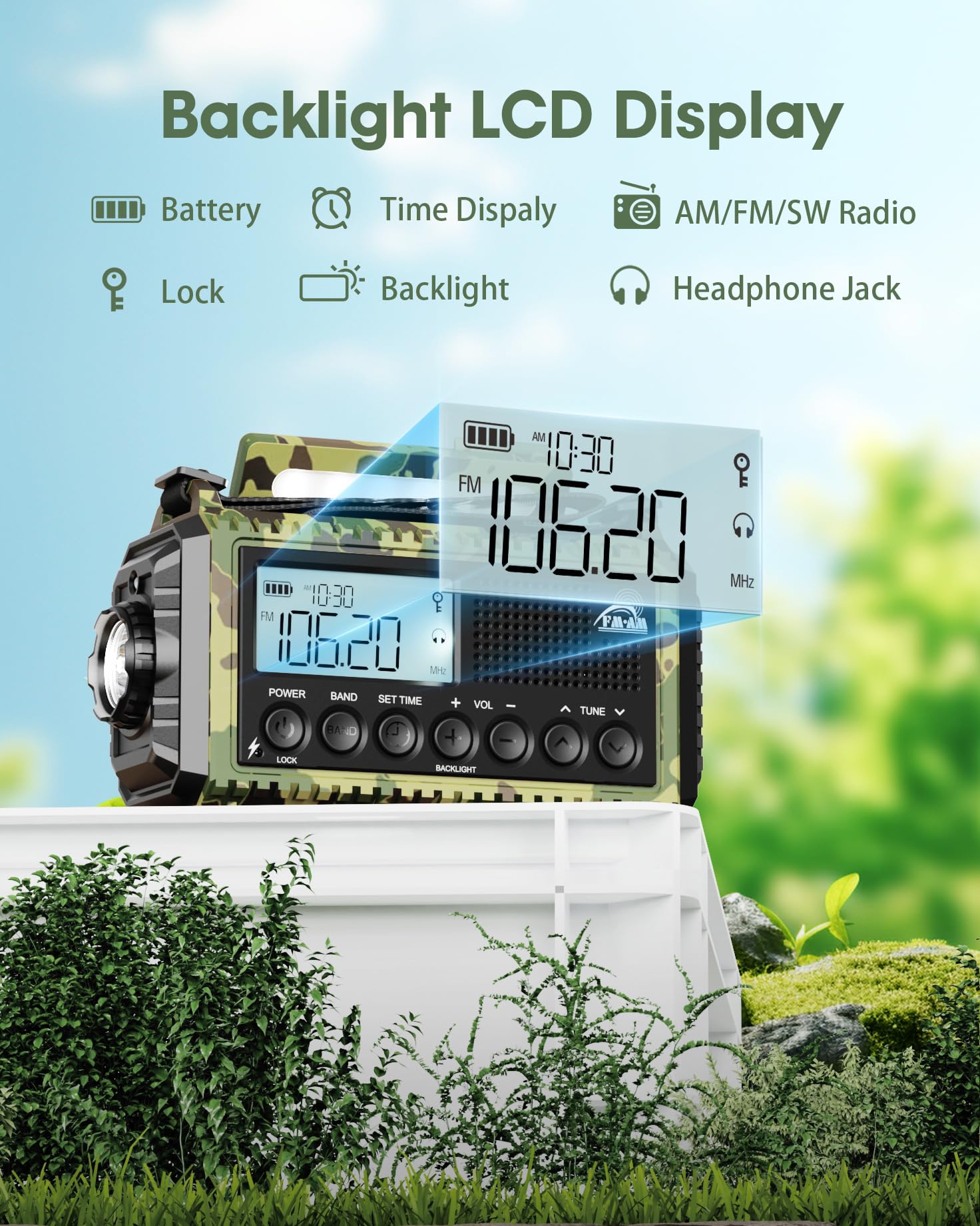 AM/FM/SW - Radio de manivela para obras, radio de emergencia, radio solar portátil, linterna y luz de lectura, pantalla LCD, USB, alarma SOS, manivela de mano, equipo de emergencia para ourdoor,
