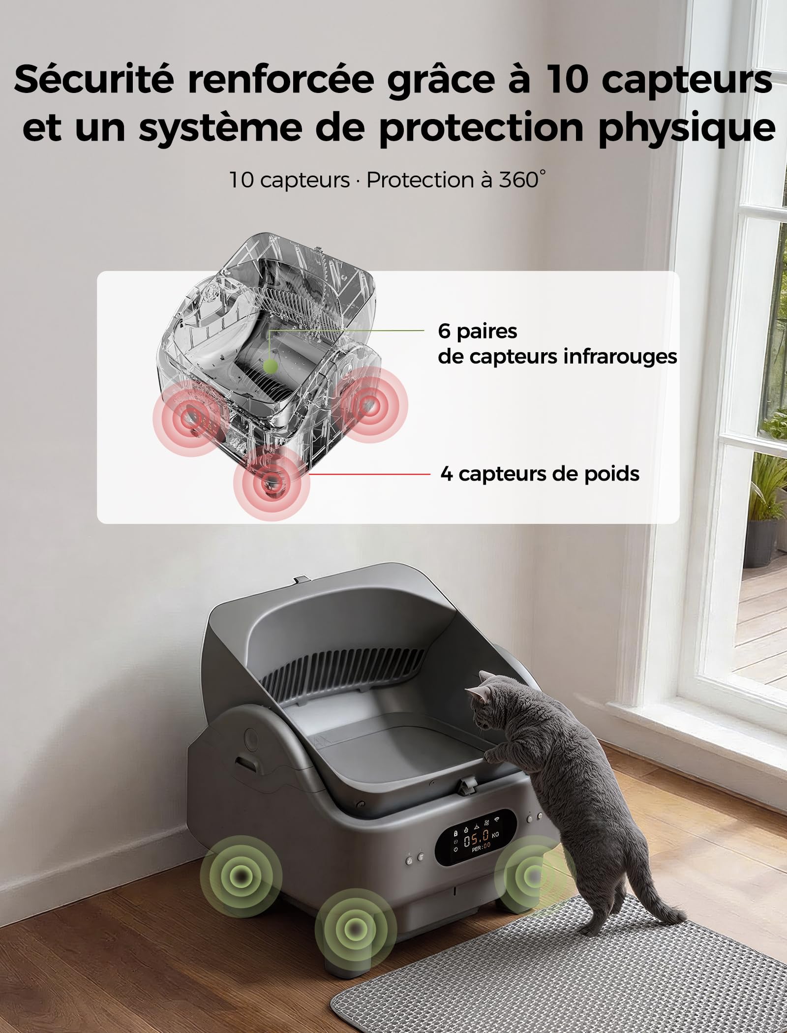 Automatische Selbstreinigende Katzentoilette mit App-Steuerung, 6-Zoll-Smart-LED-Display, 72L Kapazität, 10 Sicherheitssensoren, Geruchskontrolle, Offenes Design für mehrere Katzen, WLAN (2,4/5 GHz)