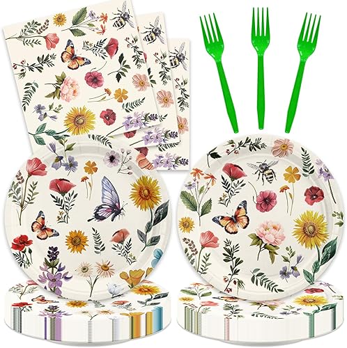 48 piezas de decoraciones de flores silvestres para baby shower de Gir Floral Cumpleaños Platos de despedida de soltera y servilletas, suministros