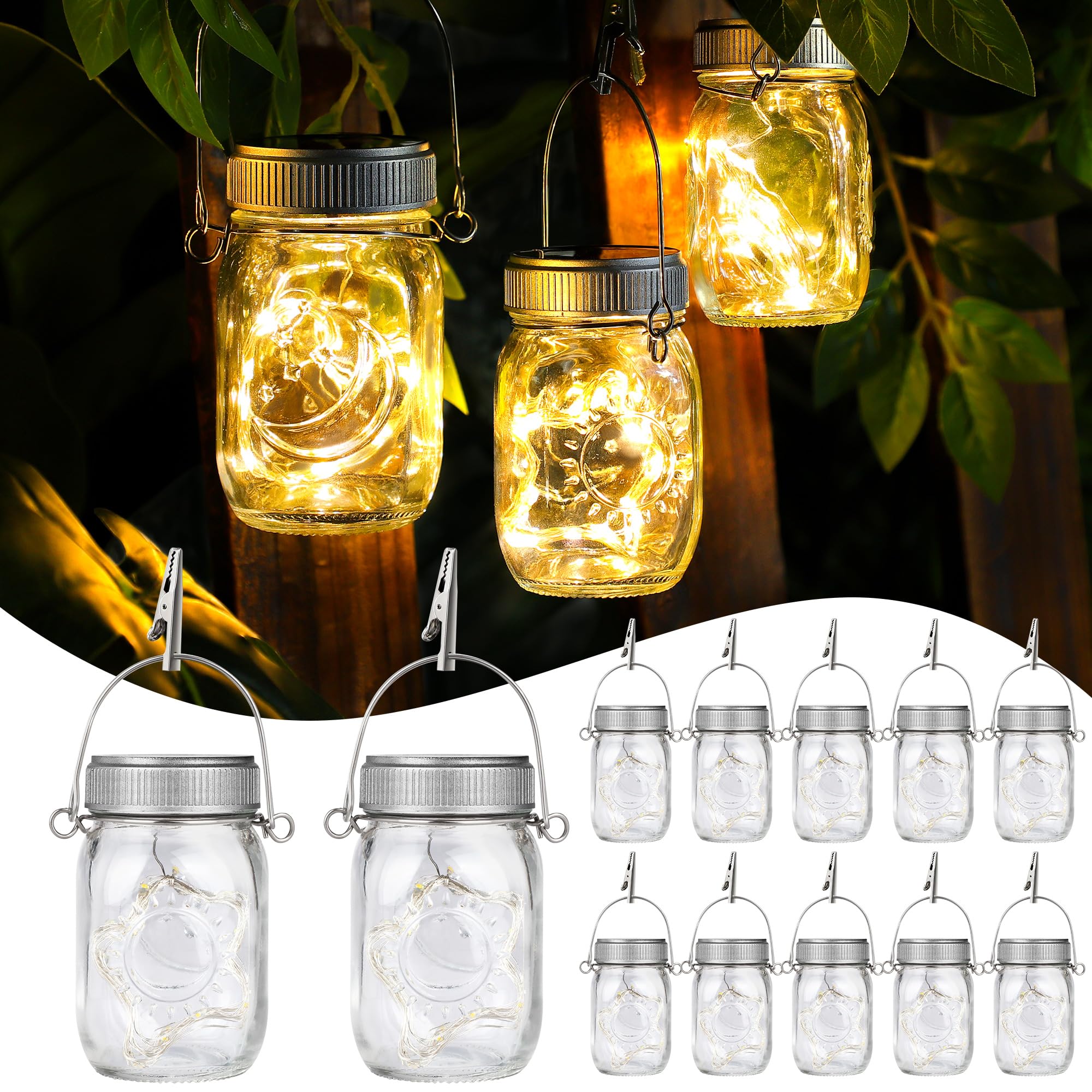 Mlambert Paquete de 12 faroles solares, luces solares de cristal colgantes para exteriores, impermeables, para patio, jardín, patio, árbol, decoración de Navidad, blanco cálido