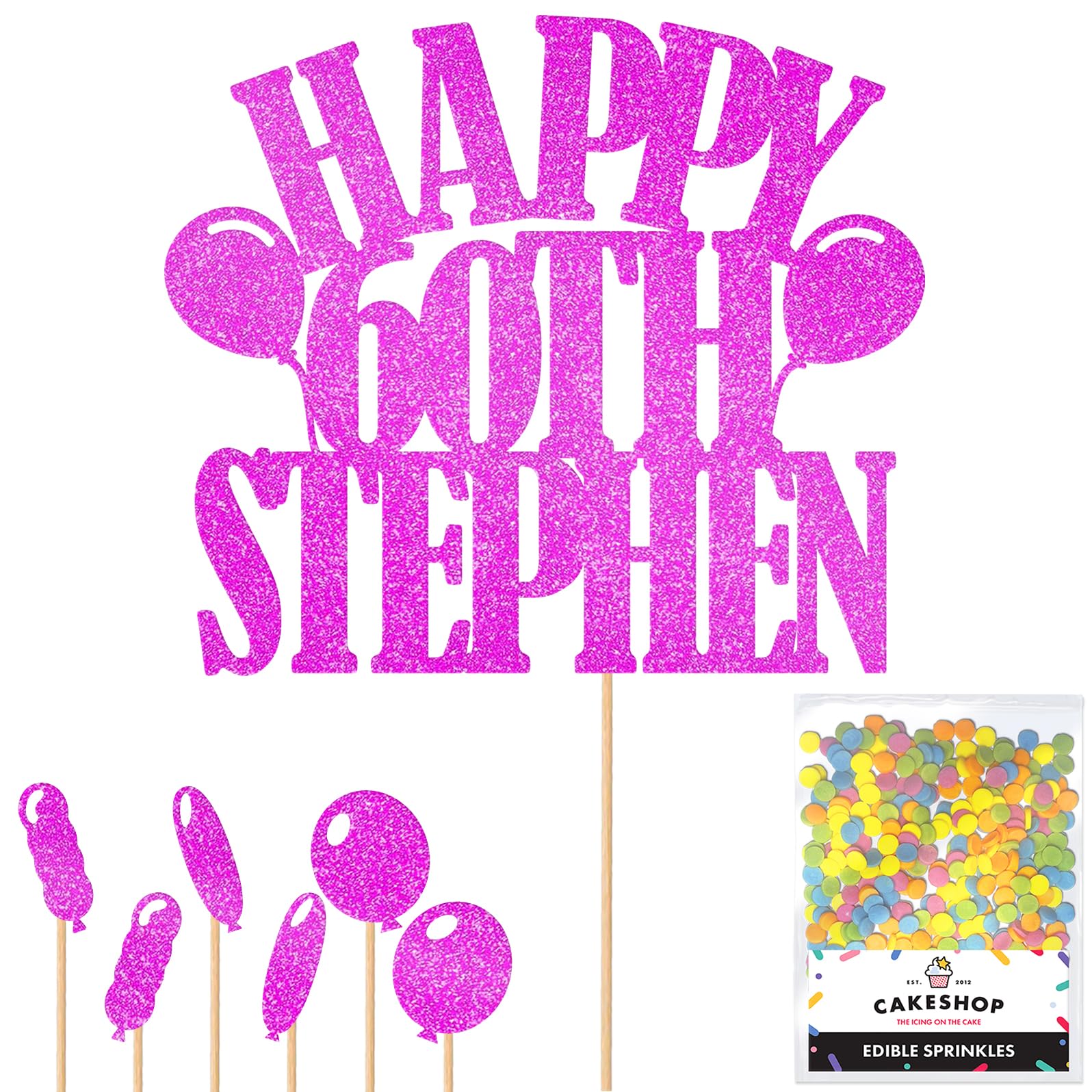 Personalised Happy Birthday Glitter Cake Topper with Balloons - Pink Any Name Age Glitter Cake Decoration and Sprinkles - Happy Birthday Decorations - Personalised Toppers for Cakes by Cakeshop