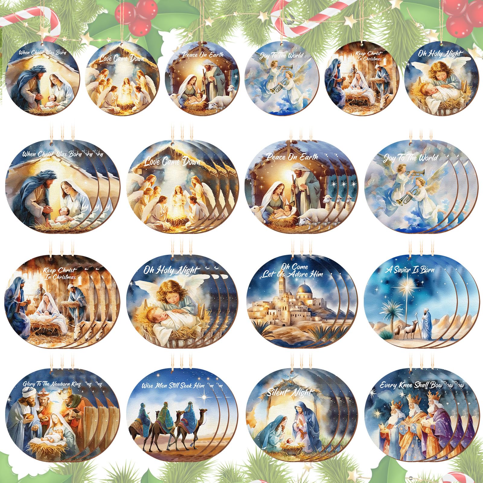 Soaoo 36 Pcs Nativity Ornaments Bulk for Christmas Tree Wooden Nativity Scene Ornaments Bulk Round Nativity Xmas Tree Hanging Decorations Birth of Jesus Christian Ornament for Advent Decor (Realistic)