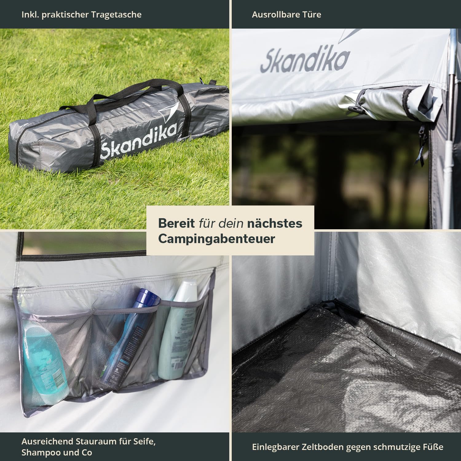 Skandika Camping Duschzelt | großes Umkleidezelt mit 230 cm Stehhöhe, silberbeschichtet, Blickdicht, separater Boden, 3 abdeckbare Fenster, Handtuchhalterung, Duschbefestigung | Toilettenzelt