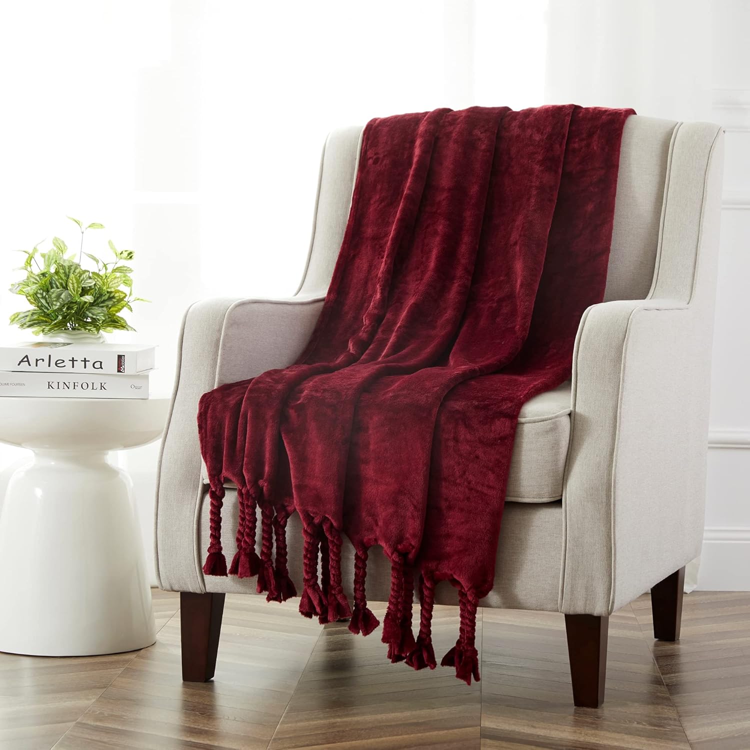 Burgundy Fleece Throw Blanket with Fringes, 50 x 60 Inch