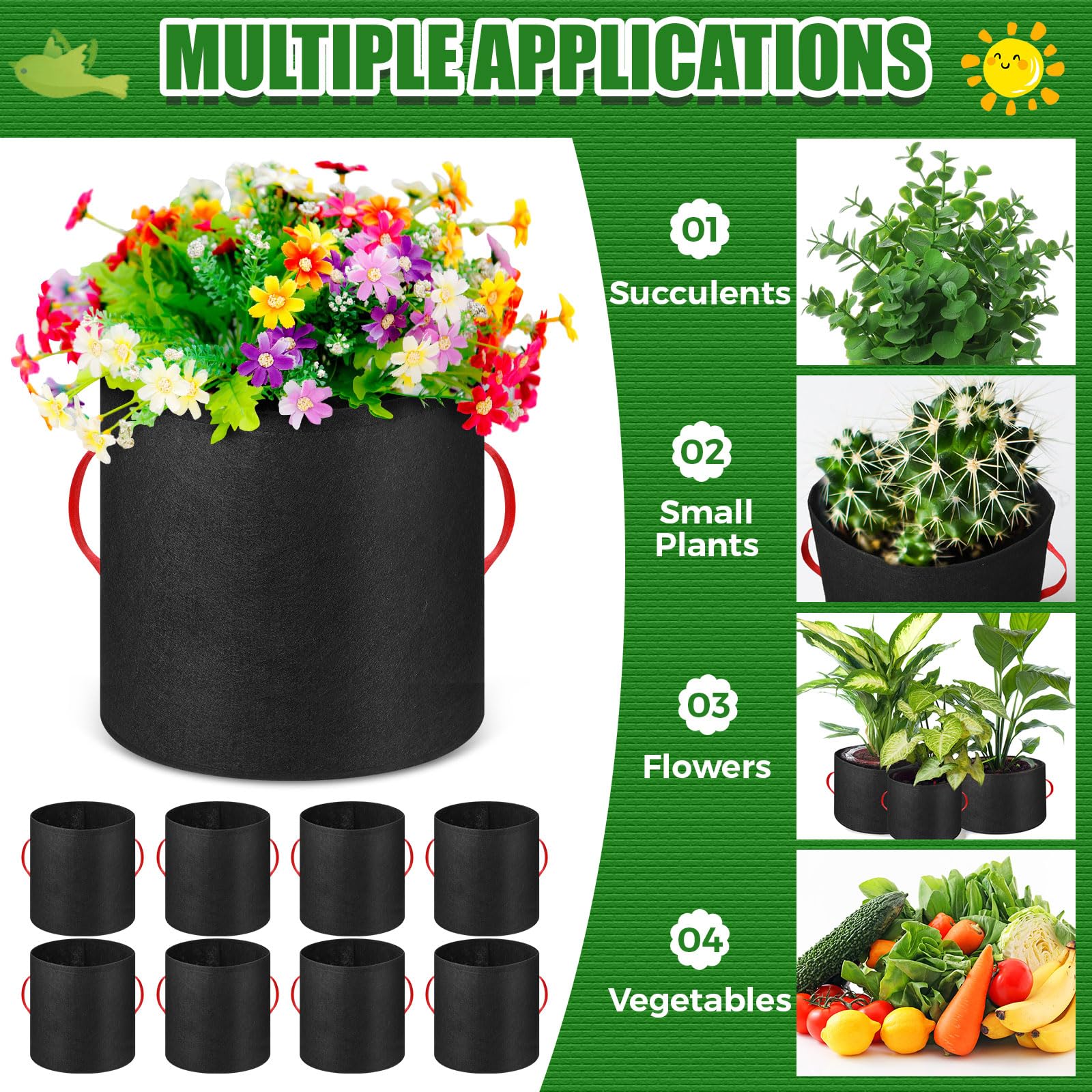 Nuenen Lot de 8 sacs de culture en tissu non tissé respirant avec poignées - Pots de légumes avec gants pour jardin, légumes, pommes de terre, fleurs (200 l)