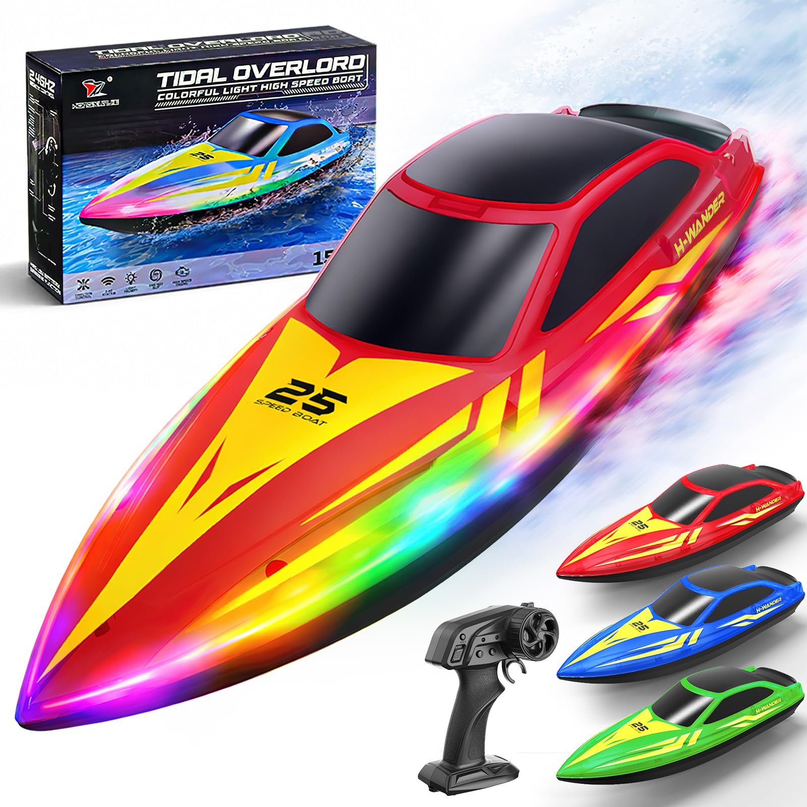 Barca Telecomandata RC 15 km/h con 7 Modalità LED Multicolore, 2.4GHz con Auto-Flip, Avviso Batteria e Fuori Portata, 2 Batterie Ricaricabili, per Piscina e Lago, Regalo per Ragazzi e Ragazze.—rosso