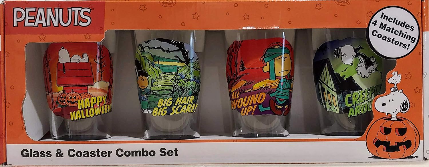 Peanuts Halloween Glass & Matching Coaster Set of 4, 16