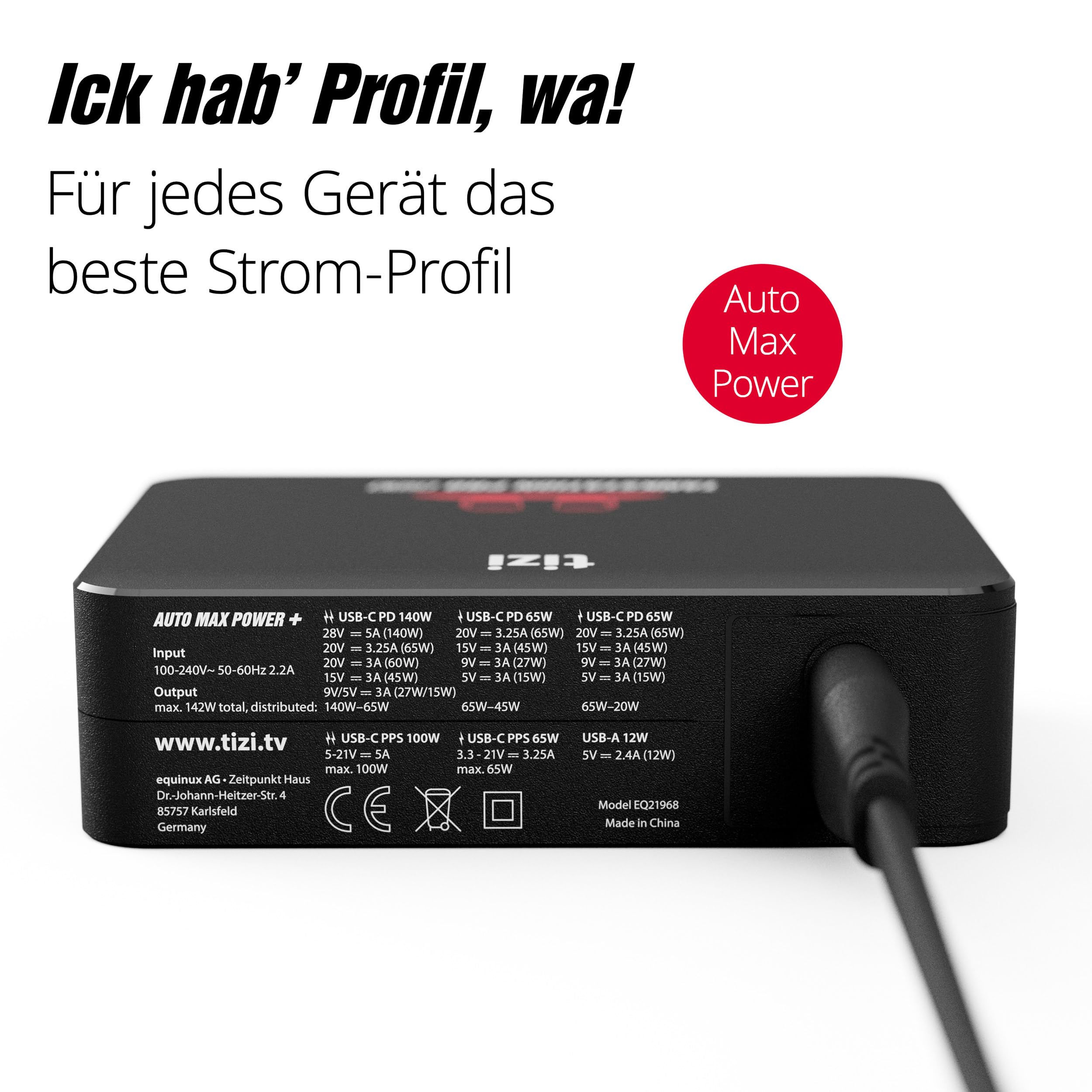 tizi Tankstation Pro (142W) - 4 Anschlüsse Ladegerät, neueste GaN Power Delivery, 4-Port USB-C PD Netzteil für Schreibtisch, Reisen mit Wechselsteckern, kompatibel mit Apple MacBook Pro, iPad, iPhone