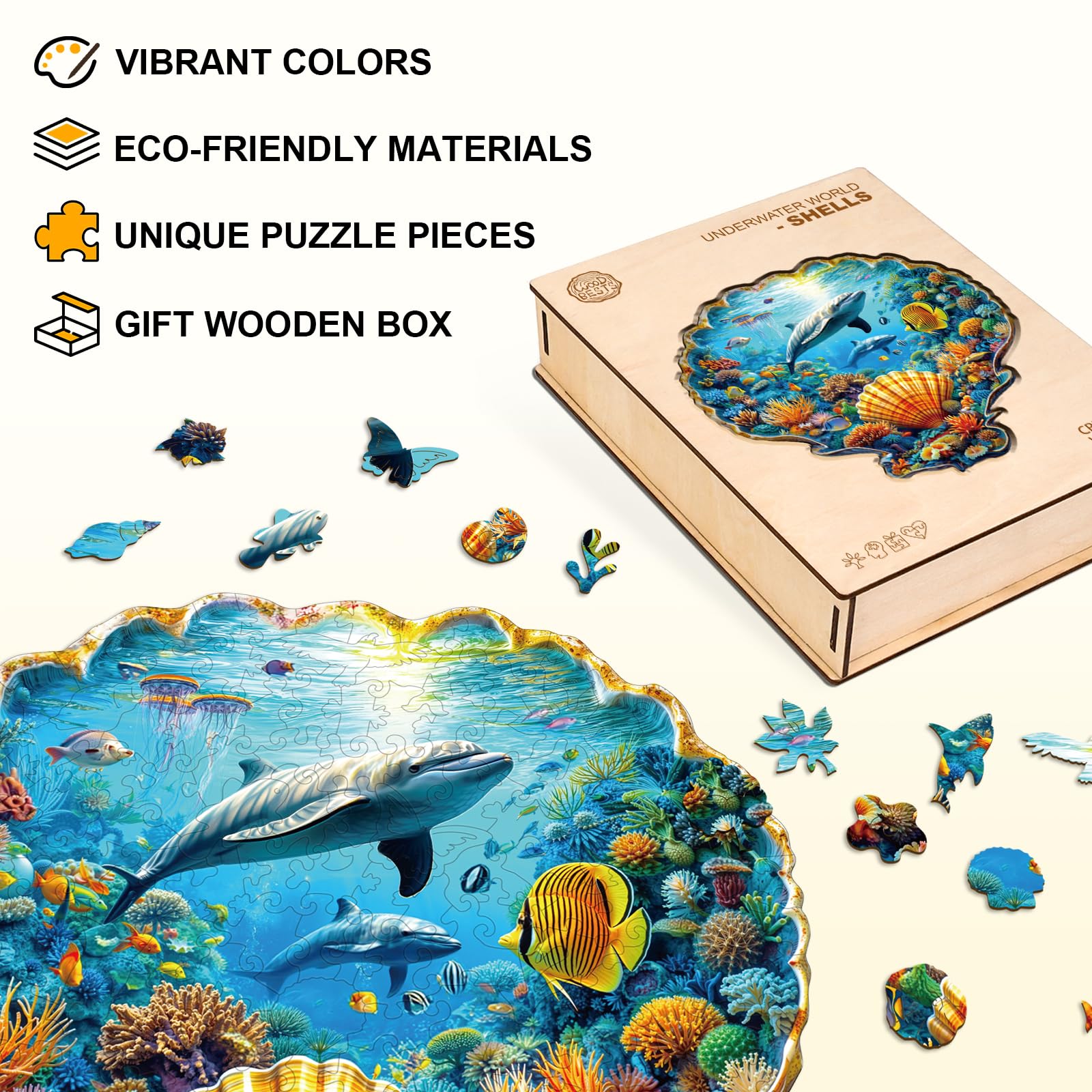 Casse-tête en bois pour adultes, coquilles du monde sous-marin, puzzle en bois de forme unique pour adultes, cadeaux créatifs pour amis, jeu de famille, décoration d'intérieur (34 x 33,8 cm, 245