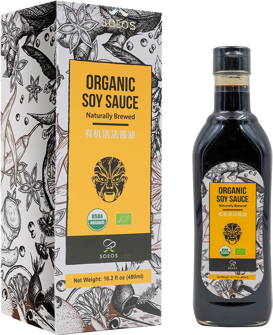 Soeos Organic Naturally Brewed Soy Sauce 16.2oz (480ml),Premium Quality,USDA Organic,Naturally Brewed Soy Sauce,Soy Sauce Organic,Dark Soy Sauce,Pure Ingredients,Marinade for Meat & Vegetables.