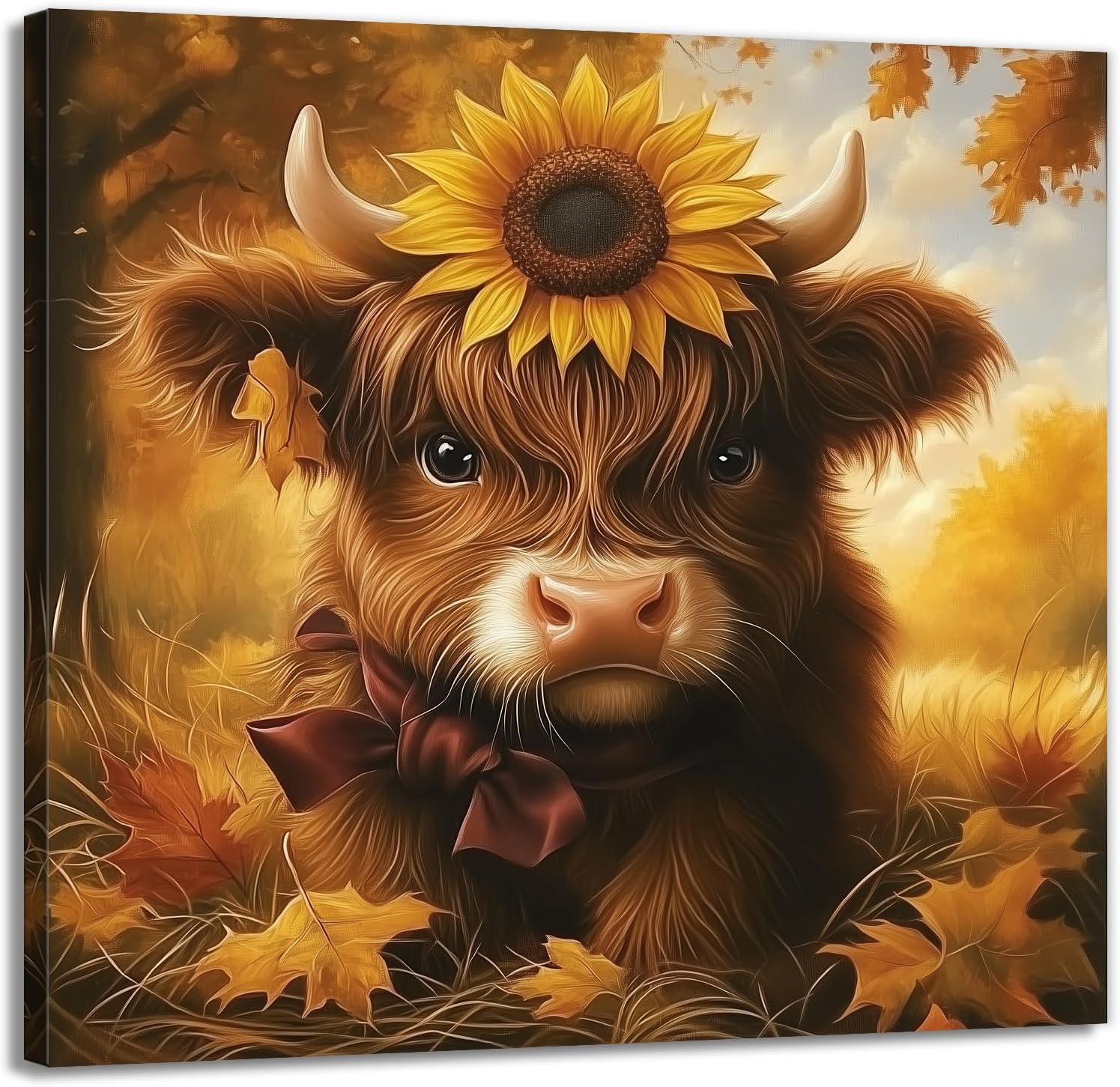 Cute Highland Cow Canvas Wall Art Sunflower Baby Cattle Picture Rustic Fall Farmhouse Painting Poster Print for Bedroom Bathroom Home Decorationa(Artwork-1,28"x28")