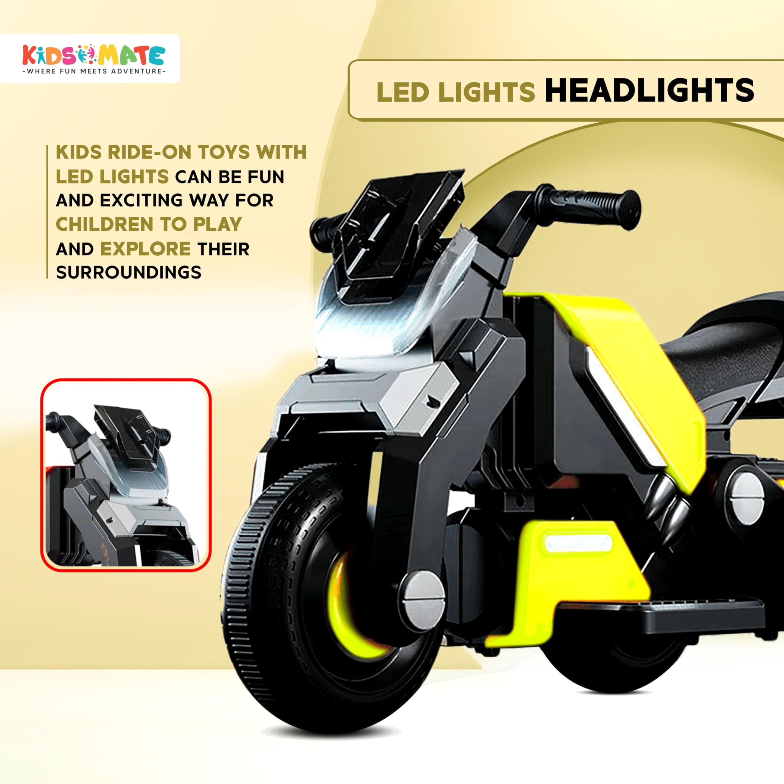 Kidsmate Hyrider 6V Electric Kids Bike with Rechargeable 6.5 Ah Battery Inbuilt Imported Motor Drive | Music Player, Front LED Light & Foot Accelerator Pedal Bike for Ages 1-4 Years (Parrot Green) - Image 7 thumbnail