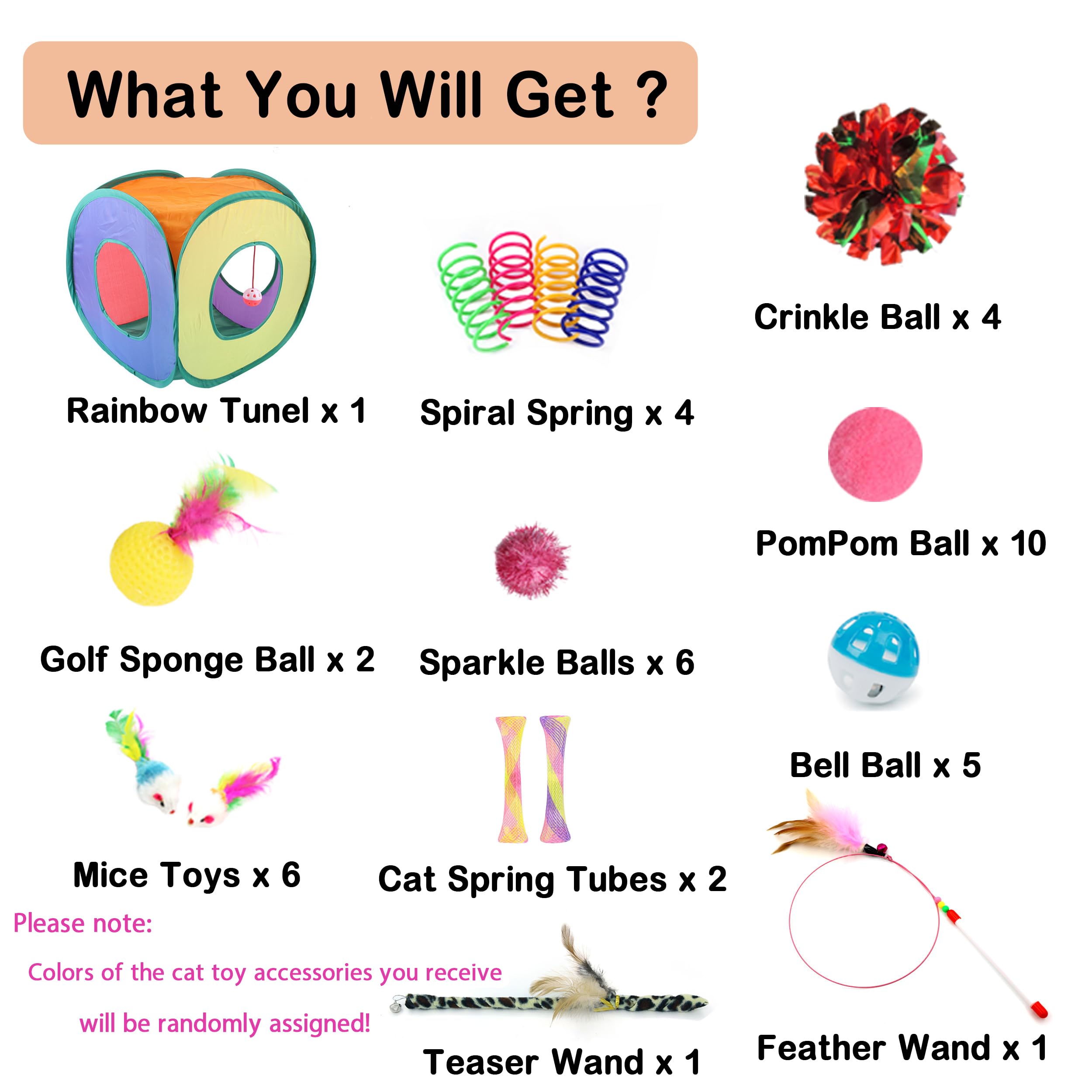 POSAPET 42pcs Interactive Cat Toys Kit - Multi-Activity Kitten Toy Set with Collapsible Tunnel, Feather Wand & Bell, Cat Balls Toys - Indoor Play Enrichment Supplies for Adult Cats & Kittens