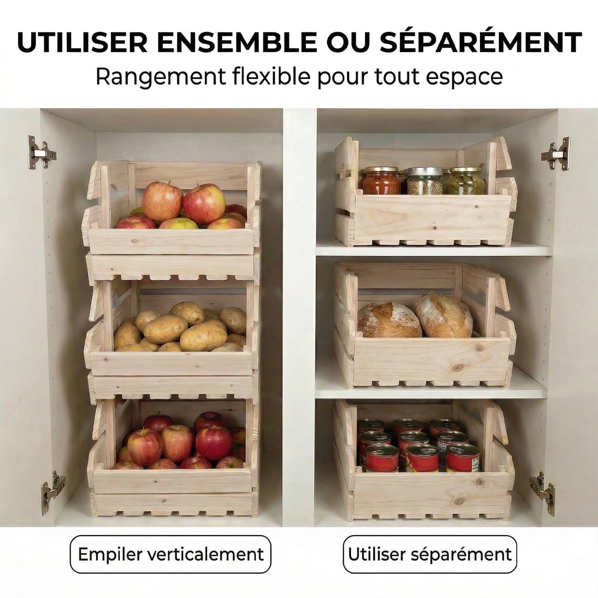 Outsunny Support de Corbeille à Fruits en Bois de Sapin à 3 Niveaux Amovibles, Panier de Rangement pour Légumes Facile à Déplacer, 27x37,5x60cm, Naturel
