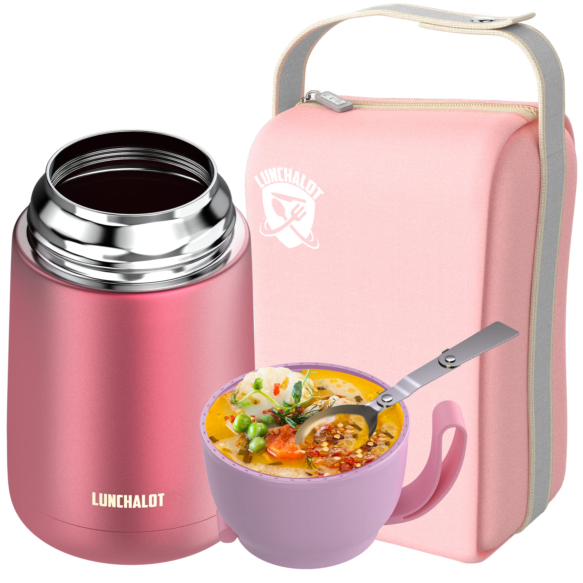 LUNCHALOT Soup Thermos for Hot Food in a Bag - Food Insulated Lunch Box Container 21 oz Vacuum Stainless Steel Jar With Foldable Spoon - Pink Wide Mouth Flask for Adults for Work Travel Hiking