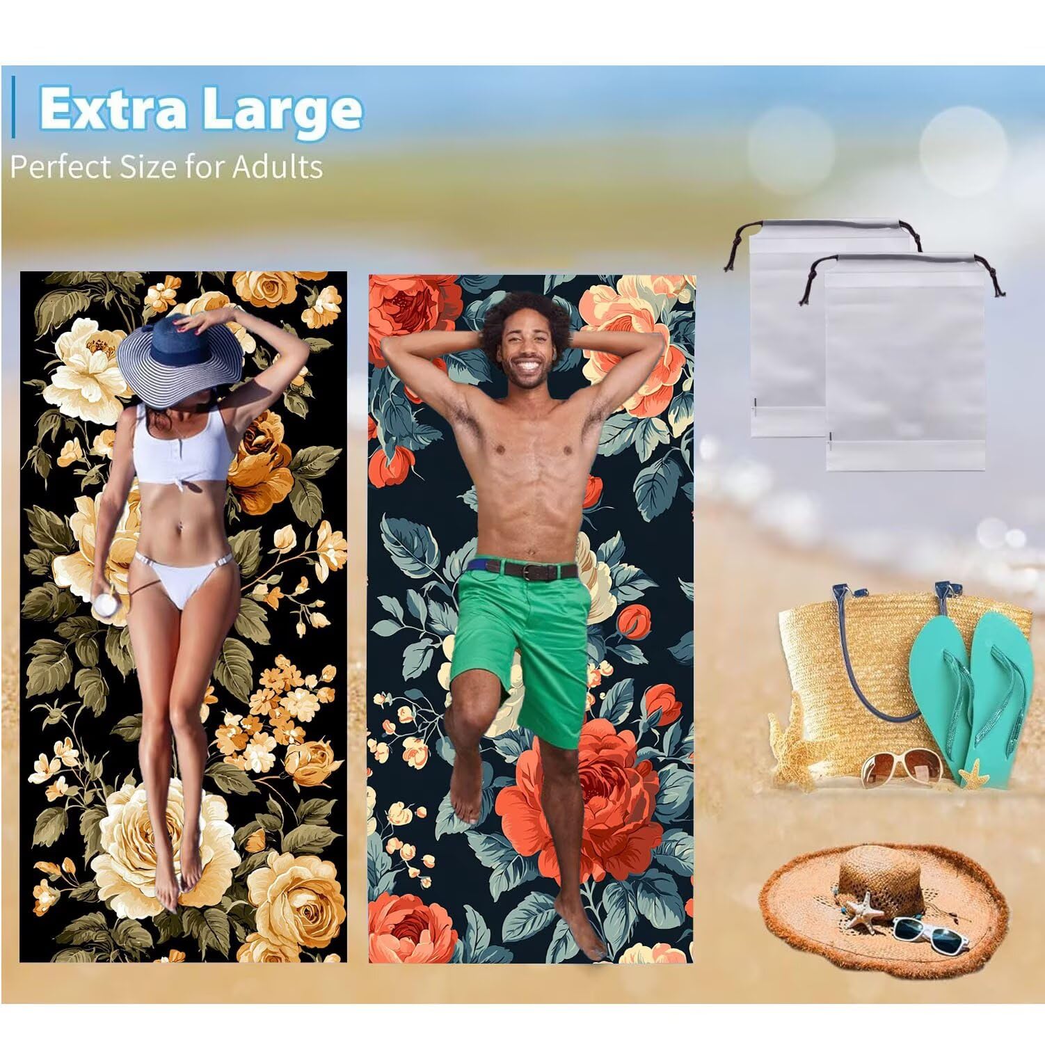 Ręcznik plażowy xxl 2 opakowanie, duży ręcznik plażowy z mikrofibry 80 x 160 cm, odporny na piasek, szybkoschnący, bardzo chłonny ręcznik kąpielowy, letni prezent dla kobiet (vintage róże) B302