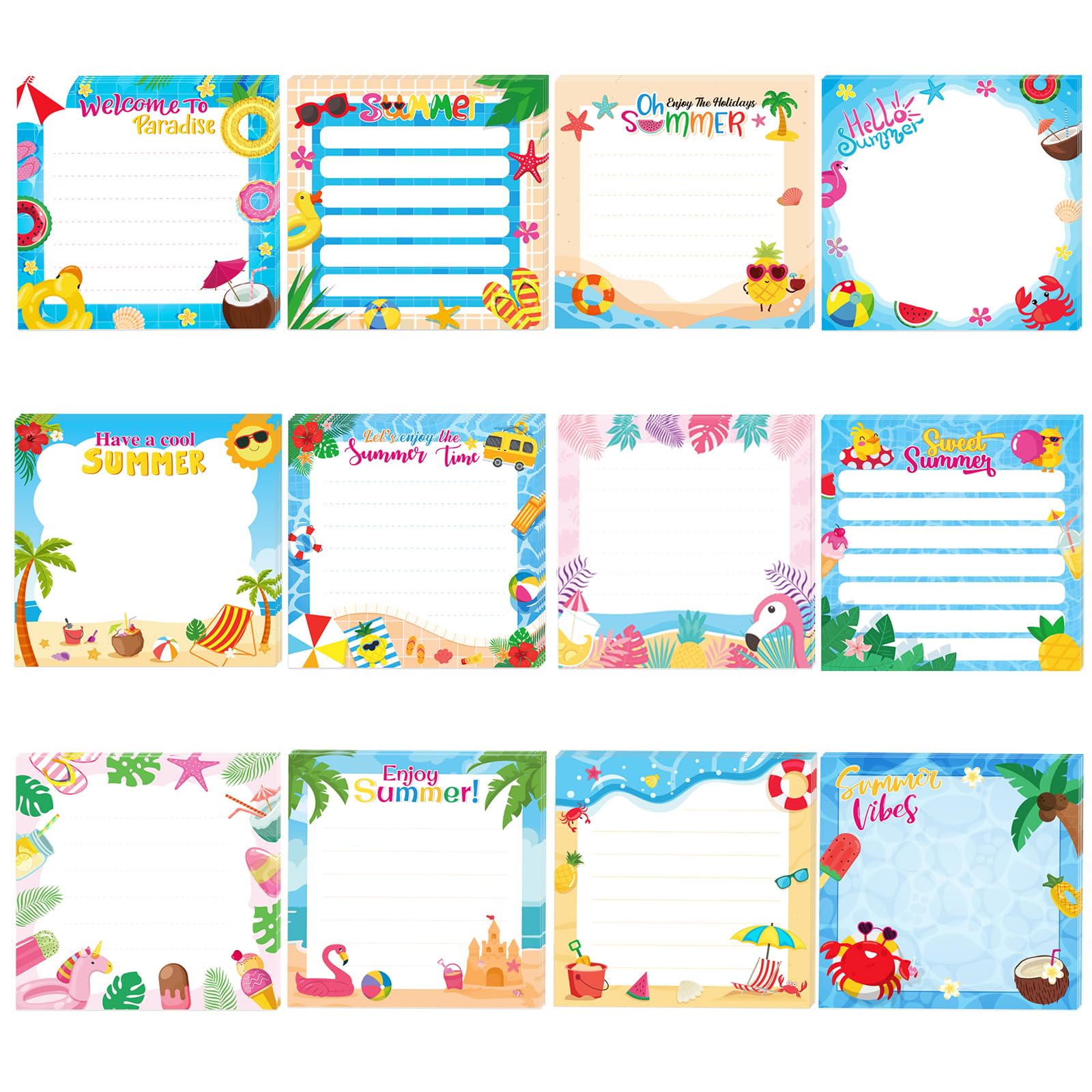 12 Pack Summer Sticky Notes Self Adhesive Summer Beach Sticky Notepad Hawaiian Luau Small to Do List Cute Memo Pads for Summer Birthday Party Gift School Home Office Supplies