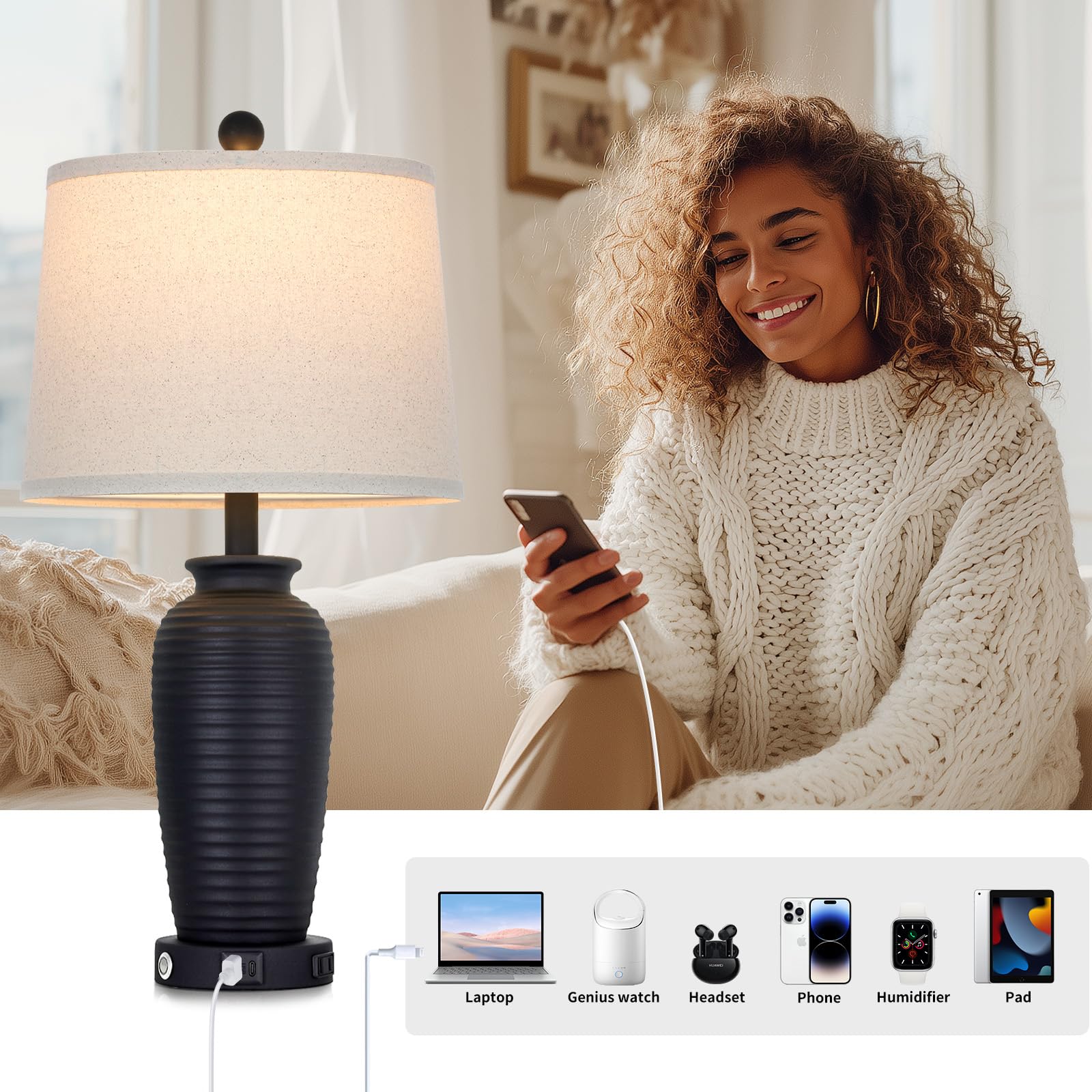 CINSARY 63,5 cm Retro Schwarz Farmhouse Jar Tischlampen Set mit 2 Stück, 3-Wege-Touch-Steuerung, rustikale Nachttischlampen mit USB-A+C-Anschlüssen & AC-Steckdose, Topf-Nachttischlampen für