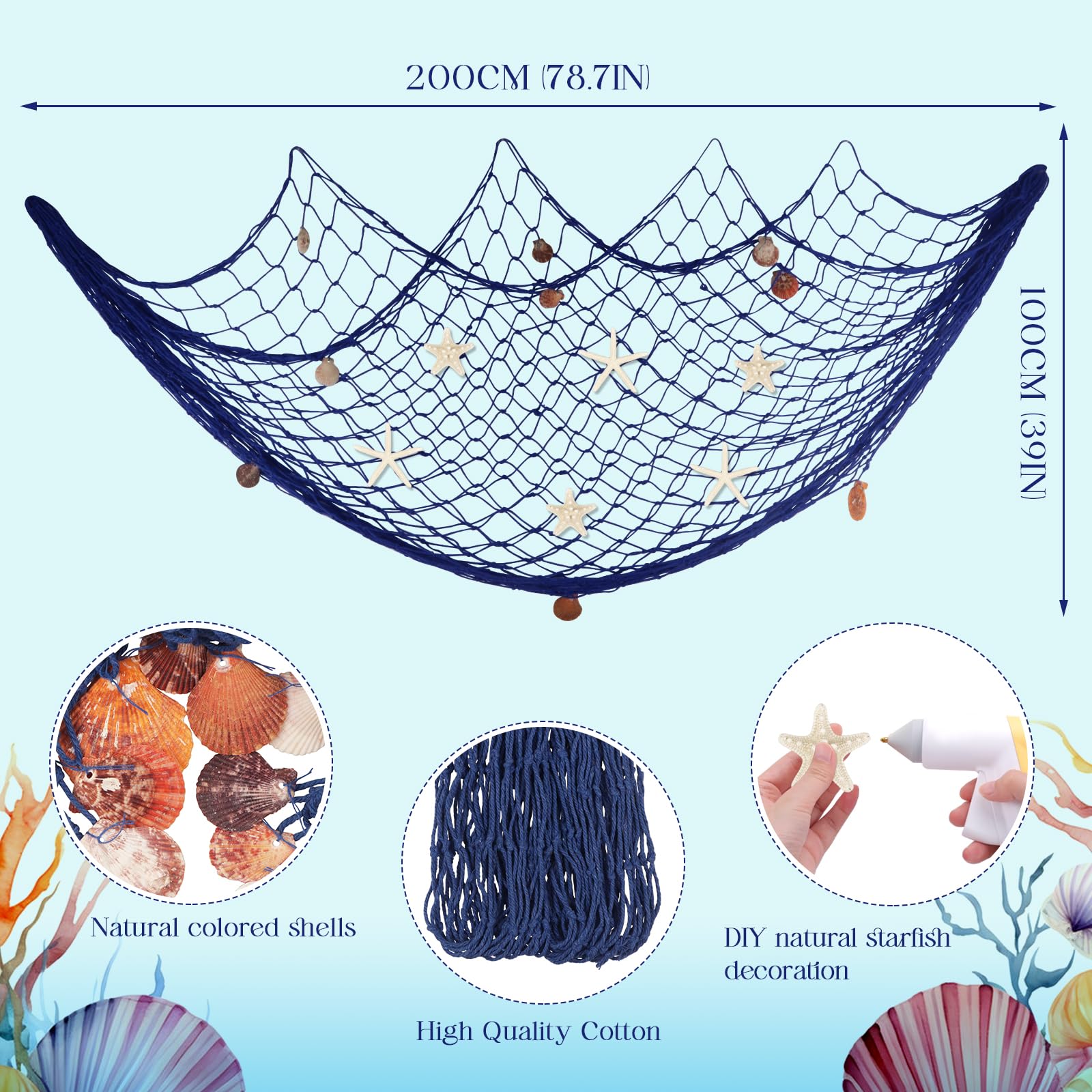 79 x 59 inch Nature Fish Net Wall Decoration with Colorful Sea Shells and 10 Pcs Natural Starfish Ocean Themed Mediterranean Style Fishing Net for Beach Party,Wedding,photography Wall Decoration