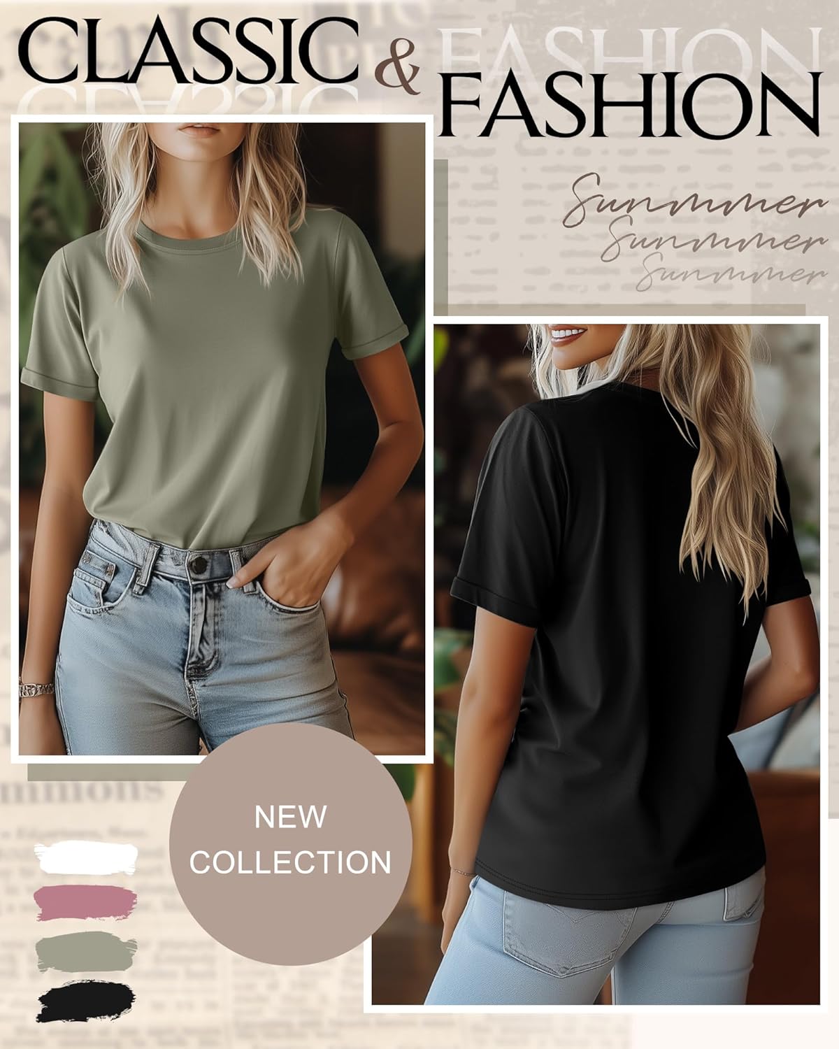 Ficerd 4 Pack Women's Cotton T Shirts Casual Short Sleeve Tunic Tops Crewneck Plain Summer Loose Fit Rolled Sleeve Basic Tee - Image 4