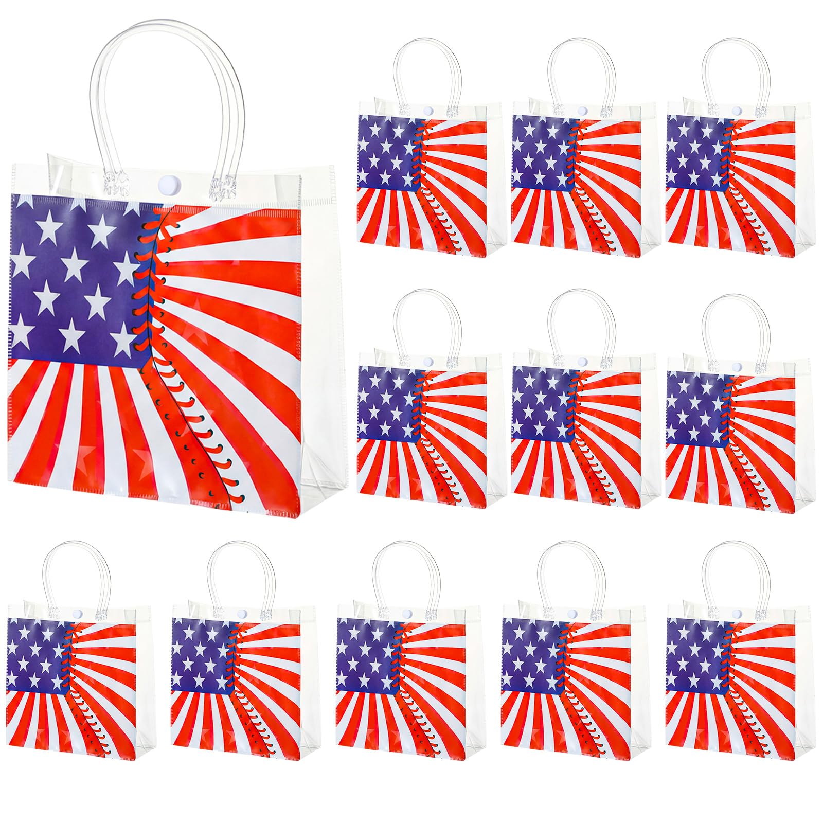 Photo 1 of 12 Pcs 4th of July Patriotic Gift Bags with Handle Reusable PVC American Flag Treat Snack Candy Party Favor Bags Red White Blue Goodie Pouch for Independence Day 250th Anniversary Party Supplies