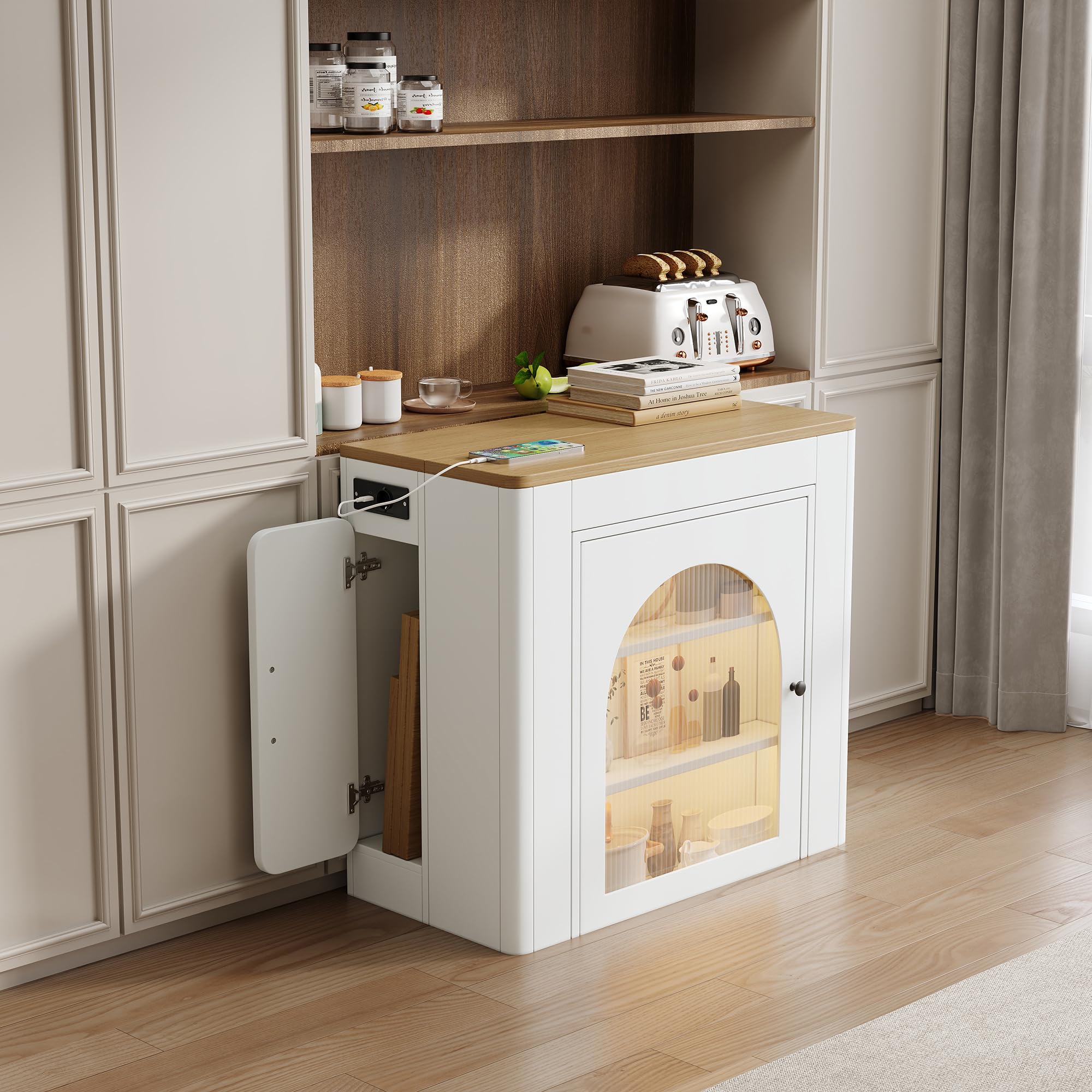 Isla de cocina extensible 149,5 x 80 x 77 cm, con superficie de trabajo extraíble, mesa bar con enchufe múltiple integrado, aparador con dos cajones y amplio espacio de almacenamiento (blanco)