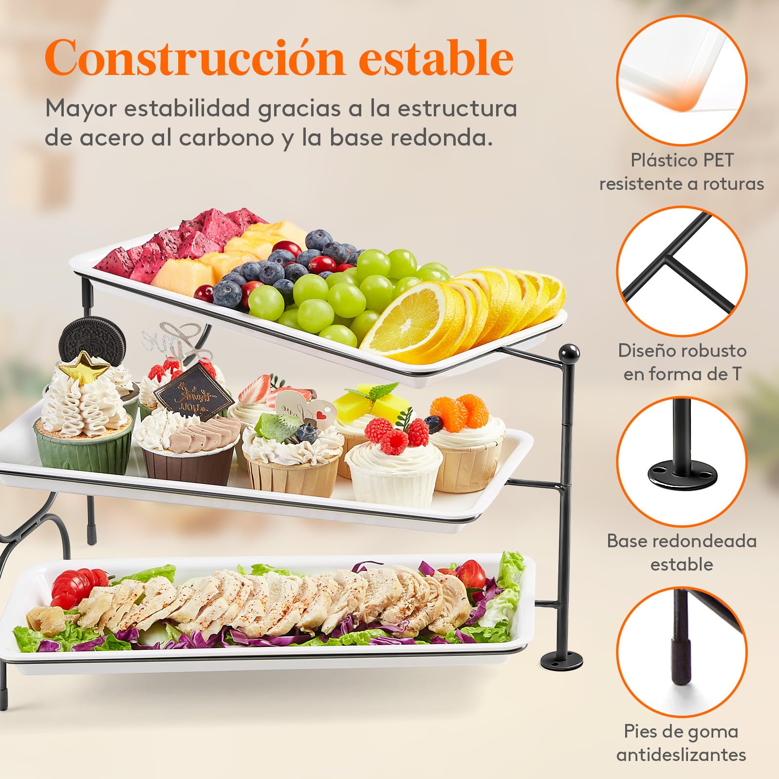 Lifewit Bandejas 3 Pisos de Plástico para Servir Comida, Bandeja Decorativas para el Entretenimiento de la Fiesta, 36×17cm Tazón de Frutas en Bandeja para Verduras, Frutas, Galletas, Postres, Negro