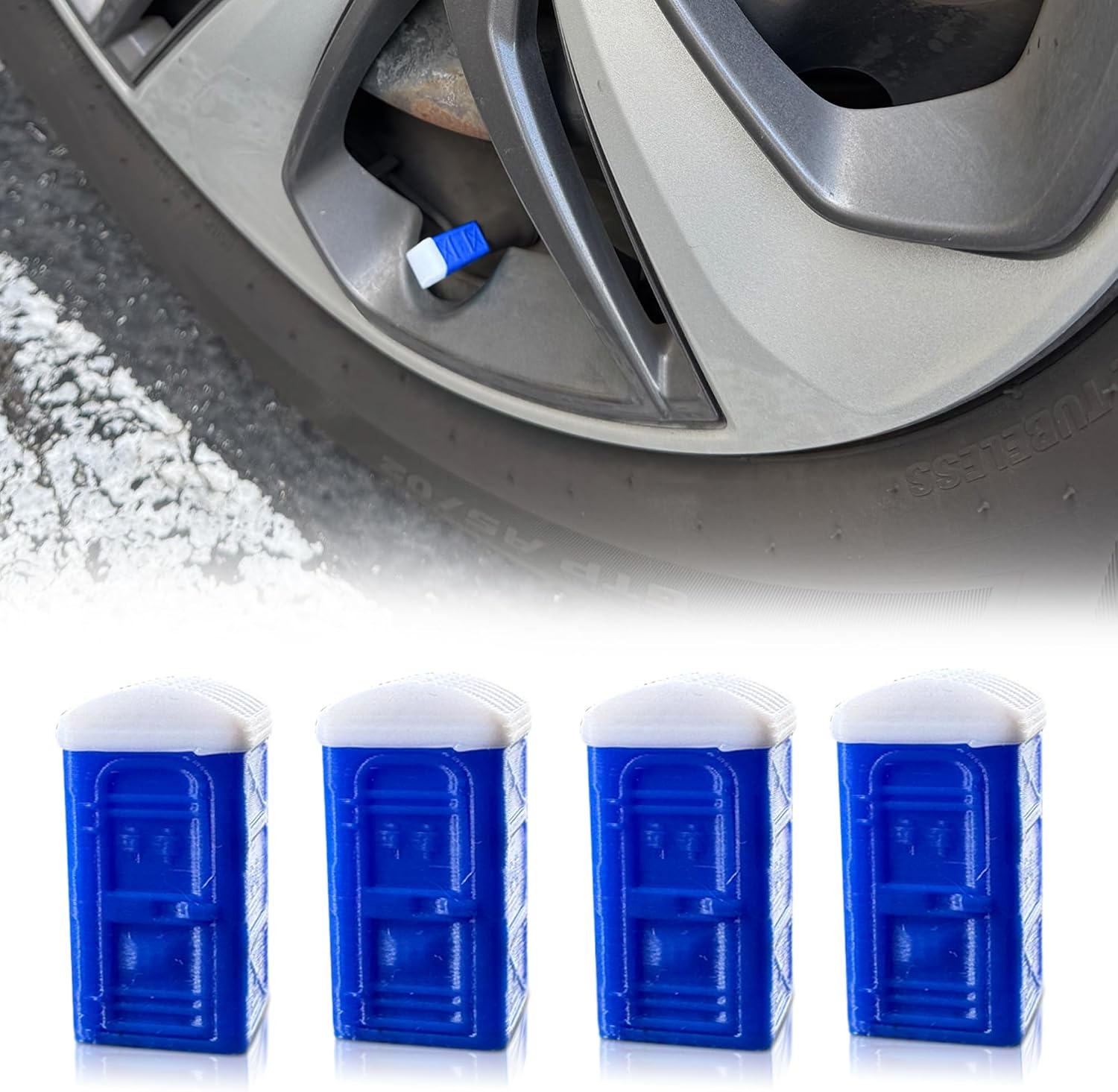Porta Potty Valve Stem Caps – 4 Pack | Funny 3D Printed Tire Air Caps for Car, Truck | Gag Gift Accessory | Universal Fit, Schrader Valve, Weather-Resistant, No Tools Needed (Sky Blue)