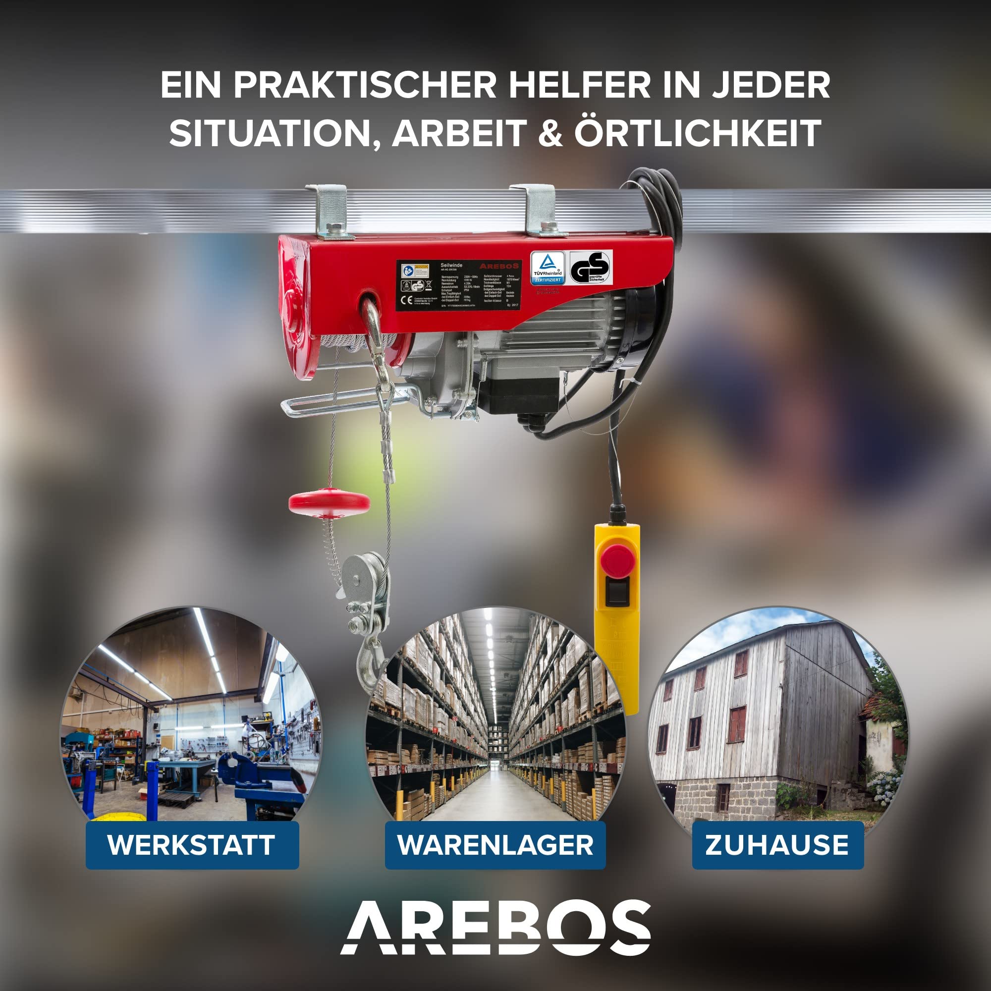 Arebos Elektrische Seilwinde 1000W Seilhebezug Kabelfernbedienung Hubhöhe 12m Tragkraft 300-600kg TÜV Rheinland GS