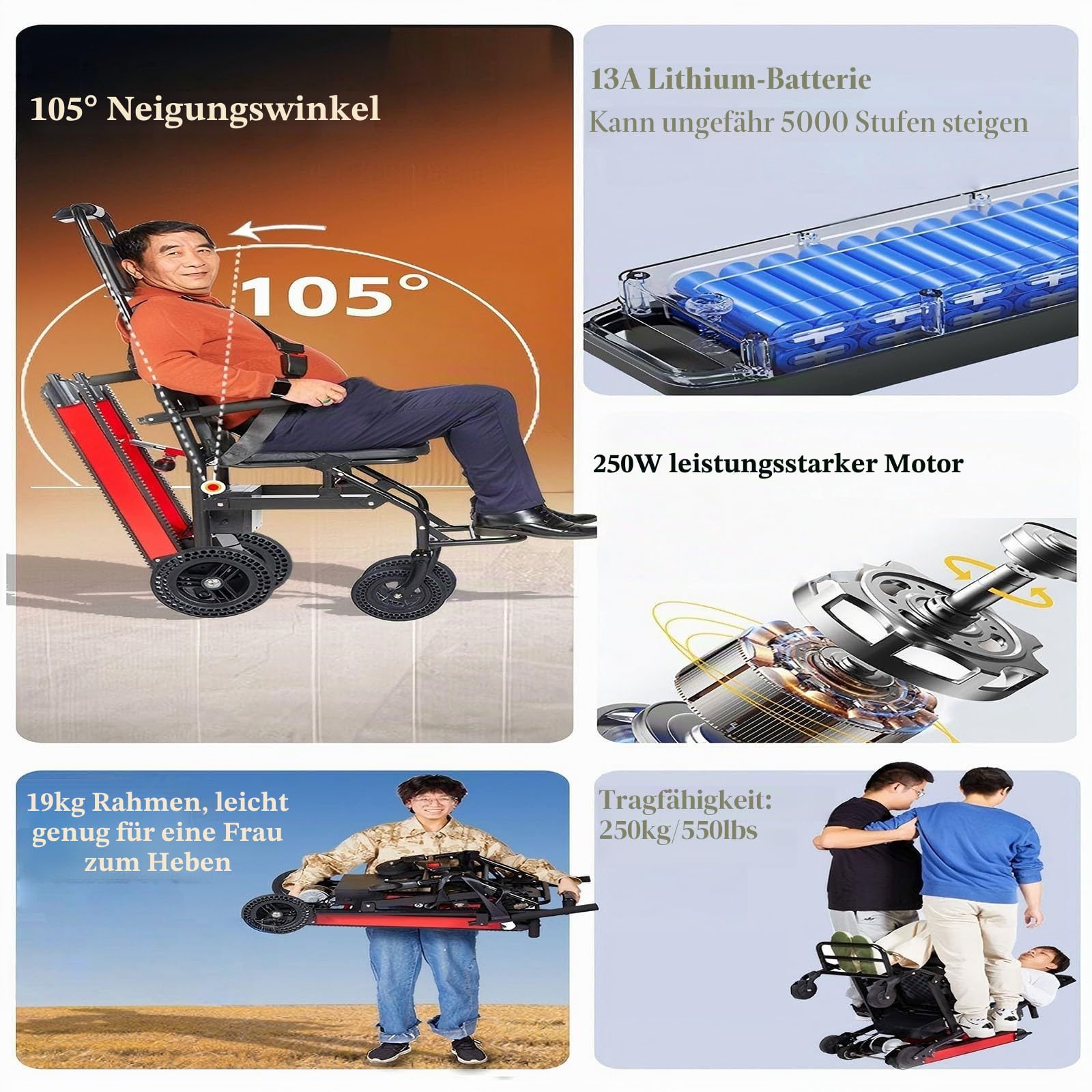 Treppensteiger,Faltbarer Elektrischer Rollstuhl,Elektrischer Treppenlift,Inklusive 13-Ah-Akku,Tragkraft 250 Kg,Zum Transport Von Patienten Treppen Hinauf Und Hinunter 13AH